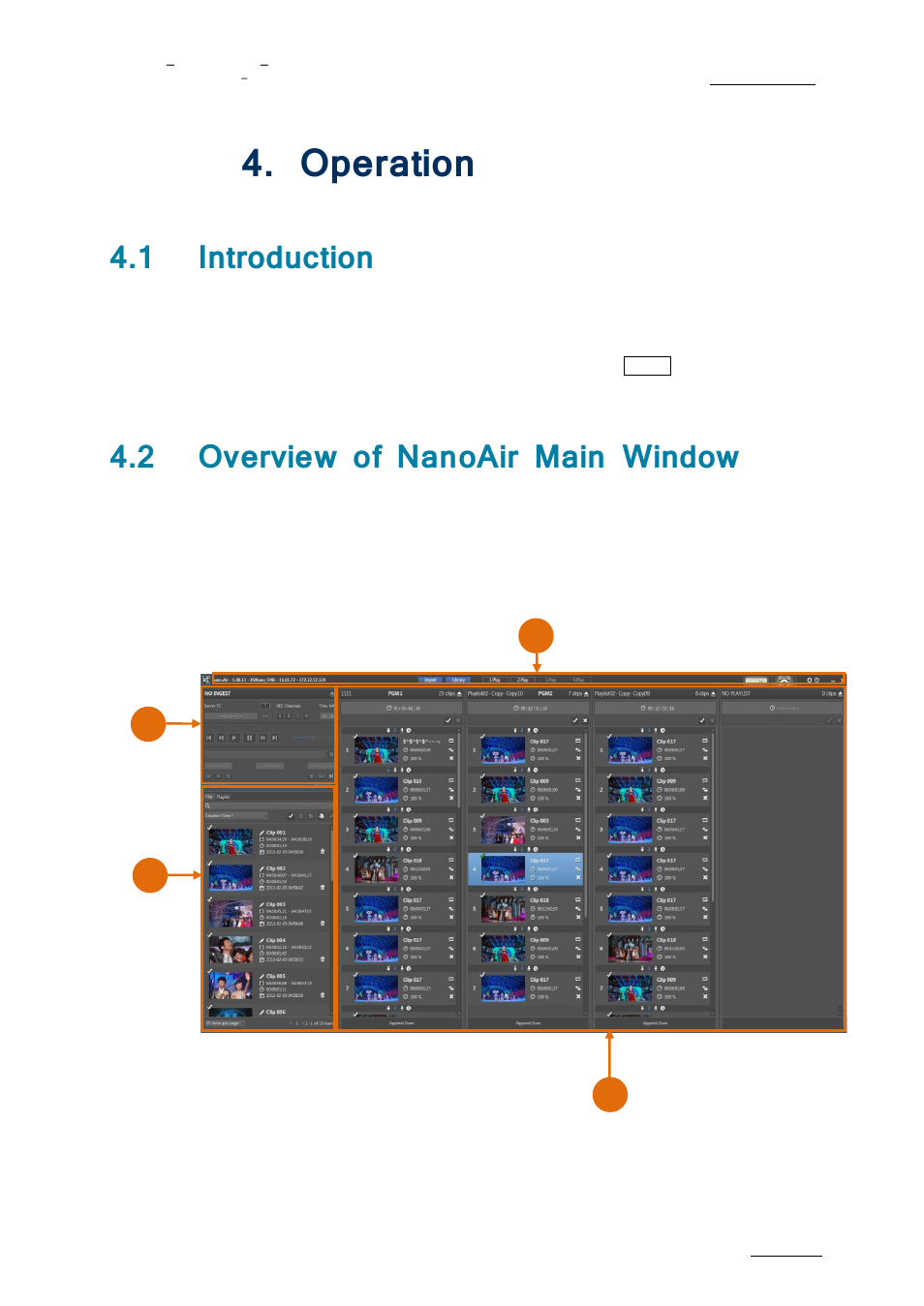 Peration, Introduction, Overview of nanoair main window | Operation, 1 introduction, 2 overview of nanoair main window | EVS nanoAir Version 1.0 - April 2013 User Manual | Page 25 / 98