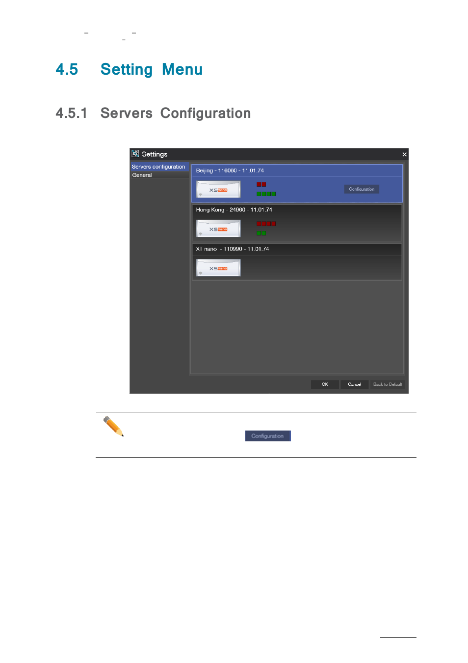 Setting menu, Servers configuration, 5 setting menu | 1 servers configuration | EVS nanoAir Version 1.0 - April 2013 User Manual | Page 41 / 98