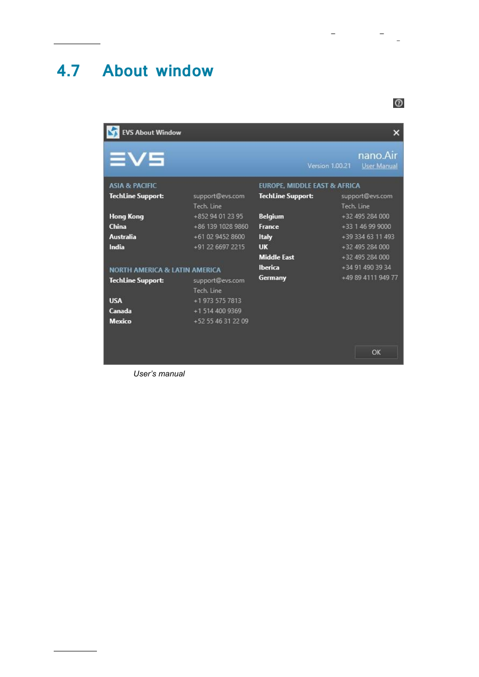 About window, 7 about window | EVS nanoAir Version 1.0 - April 2013 User Manual | Page 44 / 98