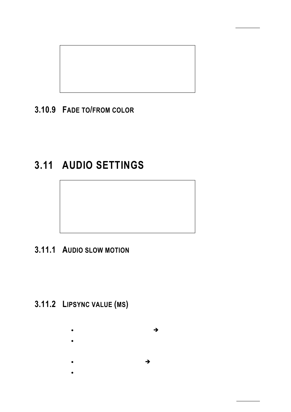 9 fade to/from color, 11 audio settings, 1 audio slow motion | 2 lipsync value (ms), Fade to/from color, Audio settings, Audio slow motion, Lipsync value (ms), Ade to, Udio slow motion | EVS XTnano Version 10.03 - July 2010 Configuration Manual User Manual | Page 50 / 63