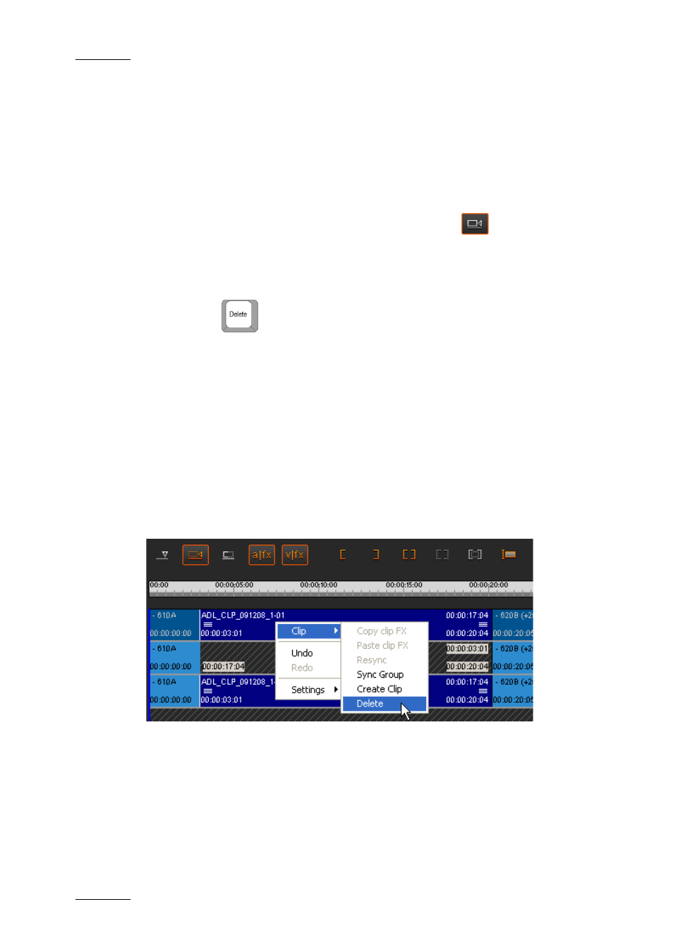 4 deleting timeline elements, Procedure, Example | Deleting timeline elements, Eleting, Imeline, Lements | EVS XEDIO CleanEdit Version 4.1 - December 2011 User Manual User Manual | Page 134 / 246