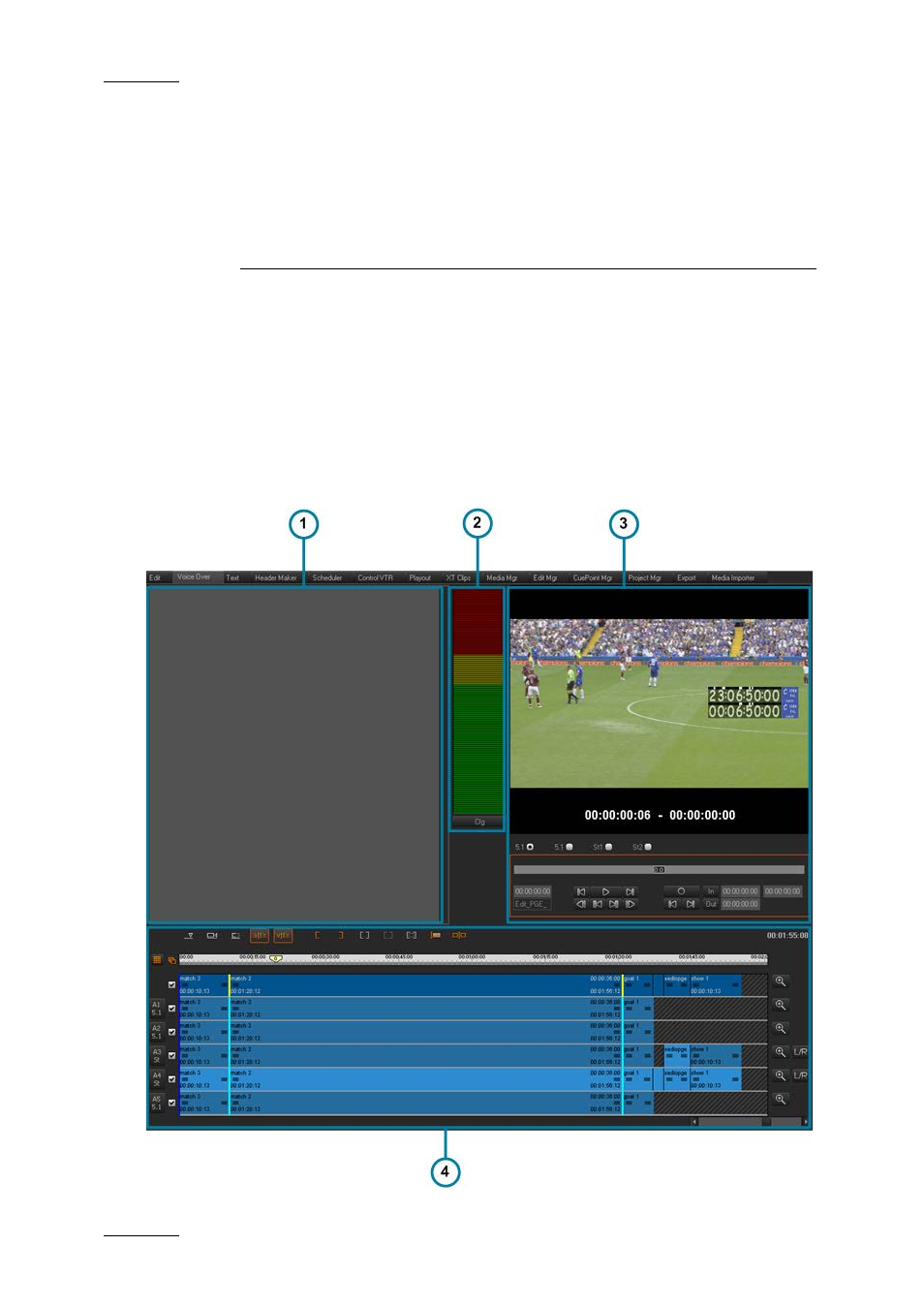 Voiceover, graphics and text graphics, 1 adding voiceover, 1 voiceover tab overview | Adding voiceover, Voiceover tab overview, 1 ‘adding voiceover | EVS XEDIO CleanEdit Version 4.1 - December 2011 User Manual User Manual | Page 202 / 246