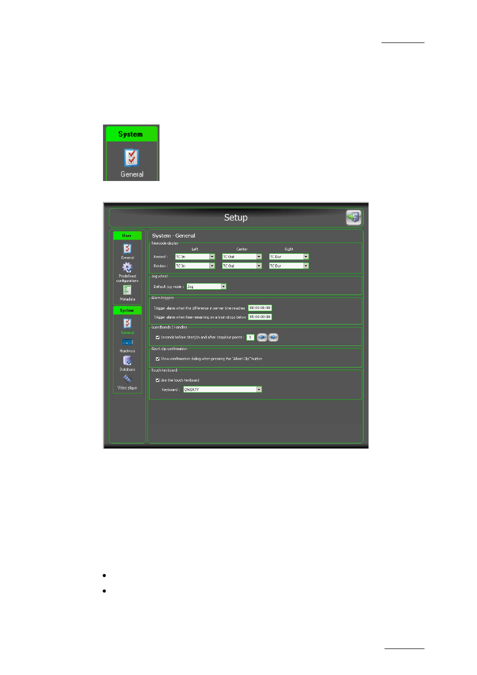 3 system settings, 1 system general settings, Timecode display | Jog wheel, System settings, System general settings, Nd 3.3 ‘system settings, 23 fo | EVS INSIO Version 1.0 - October 2009 User's Manual User Manual | Page 30 / 92