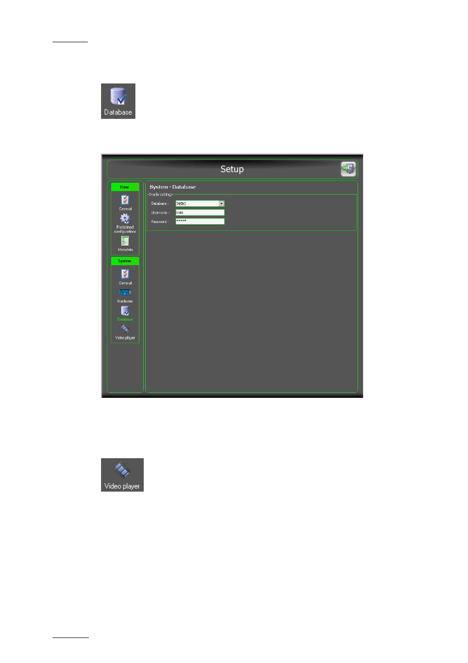 3 database settings, 4 video player settings, Database settings | Video player settings, Atabase, Ettings, Ideo, Layer | EVS INSIO Version 1.0 - October 2009 User's Manual User Manual | Page 35 / 92