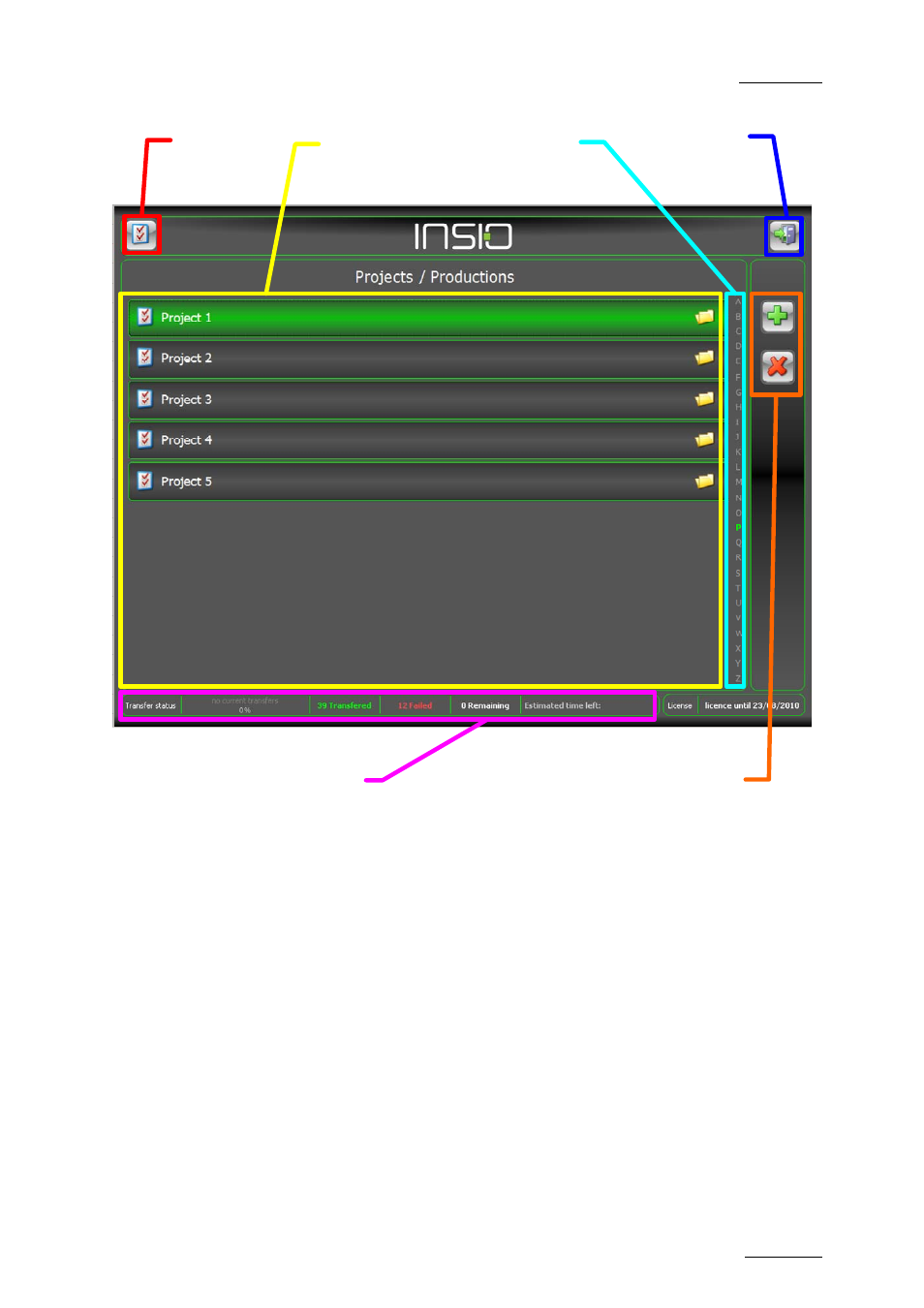 Projects list & alphabetic panel, System setup button | EVS INSIO Version 1.0 - October 2009 User's Manual User Manual | Page 38 / 92