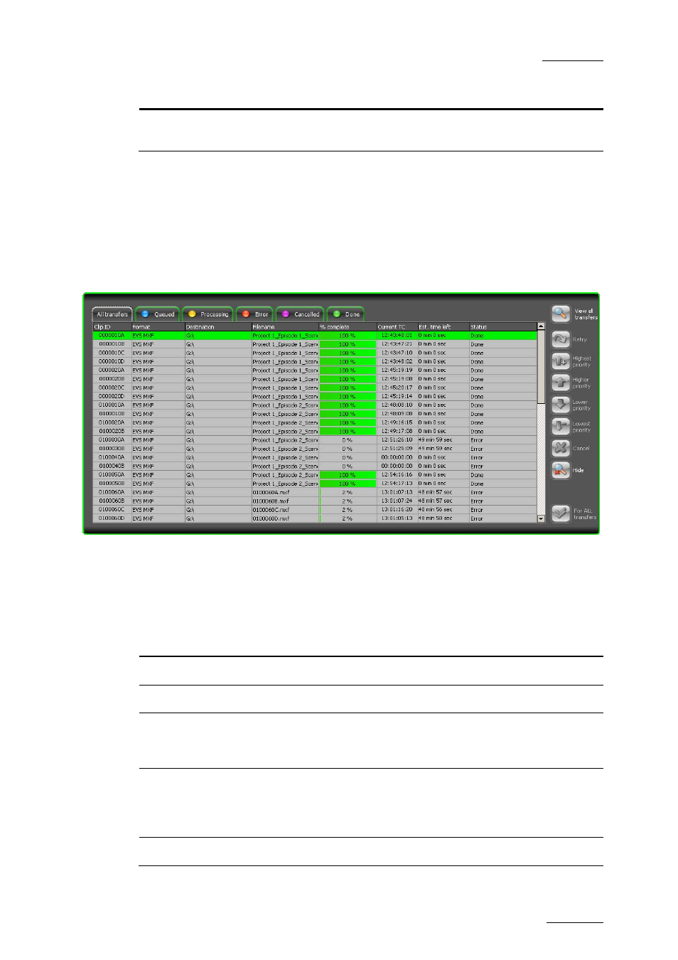 Overview of the expanded transfer status window, Transfer job status information | EVS INSIO Version 1.0 - October 2009 User's Manual User Manual | Page 76 / 92