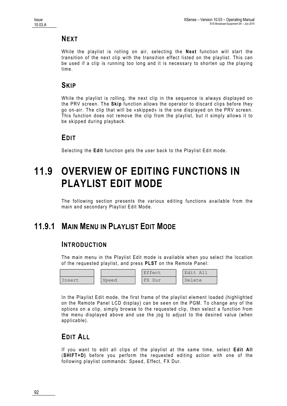 Next, Skip, Edit | 1 main menu in playlist edit mode, Introduction, Edit all | EVS XSense Version 10.03 - July 2010 Operating Manual User Manual | Page 101 / 161