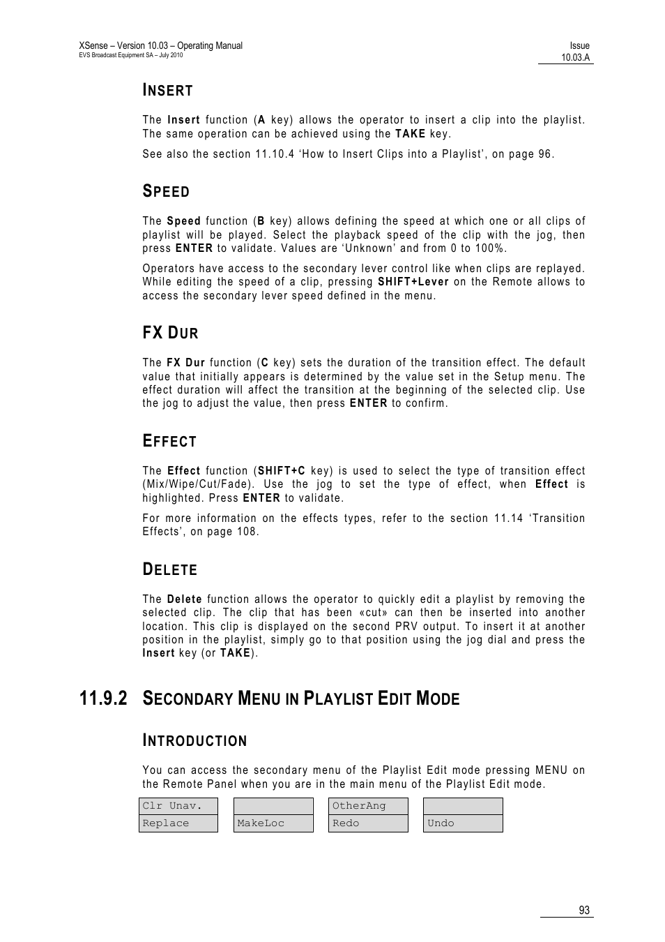 Insert, Speed, Fx dur | Effect, Delete, 2 secondary menu in playlist edit mode, Introduction | EVS XSense Version 10.03 - July 2010 Operating Manual User Manual | Page 102 / 161