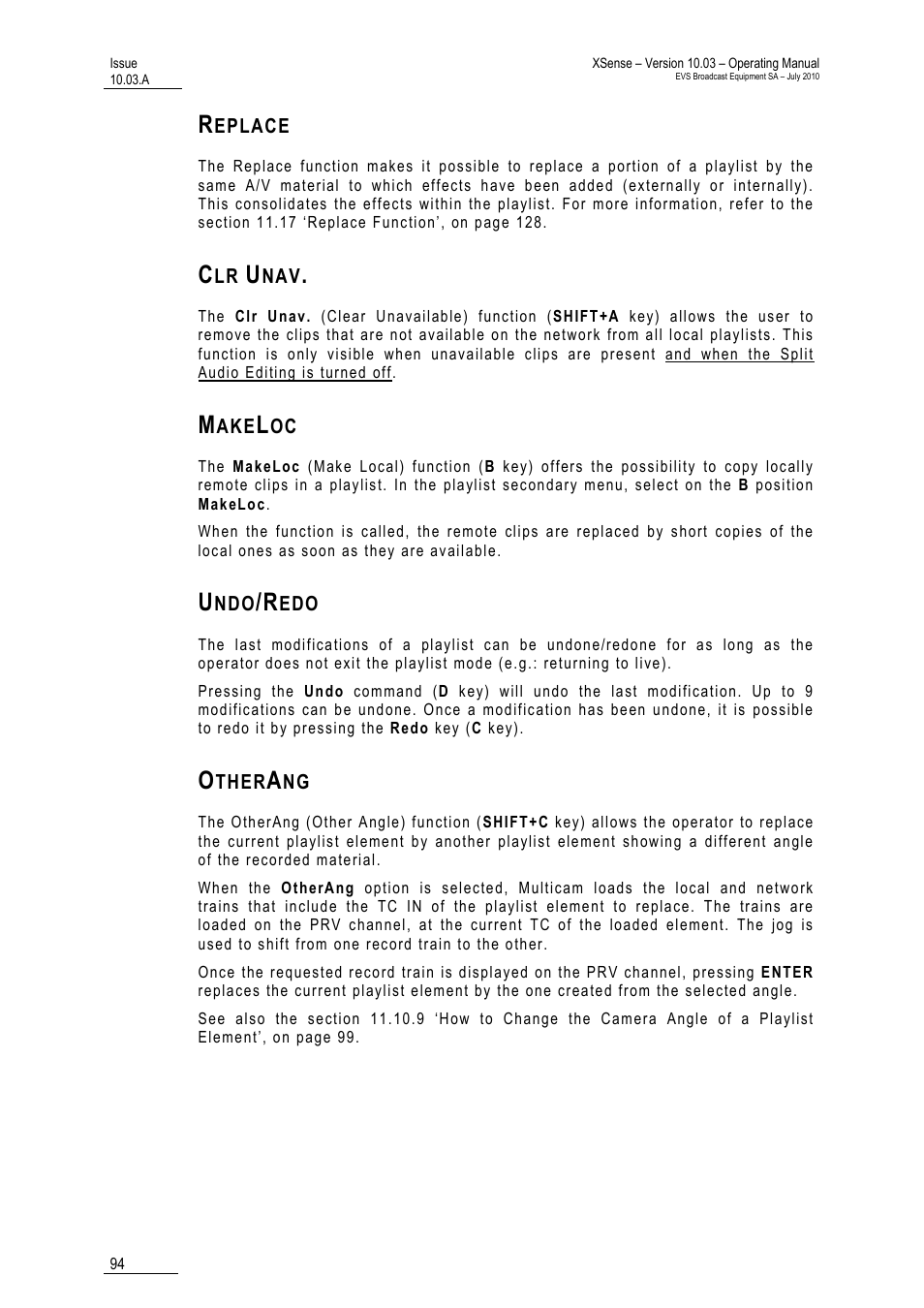 Replace, Clr unav, Makeloc | Undo/redo, Otherang | EVS XSense Version 10.03 - July 2010 Operating Manual User Manual | Page 103 / 161