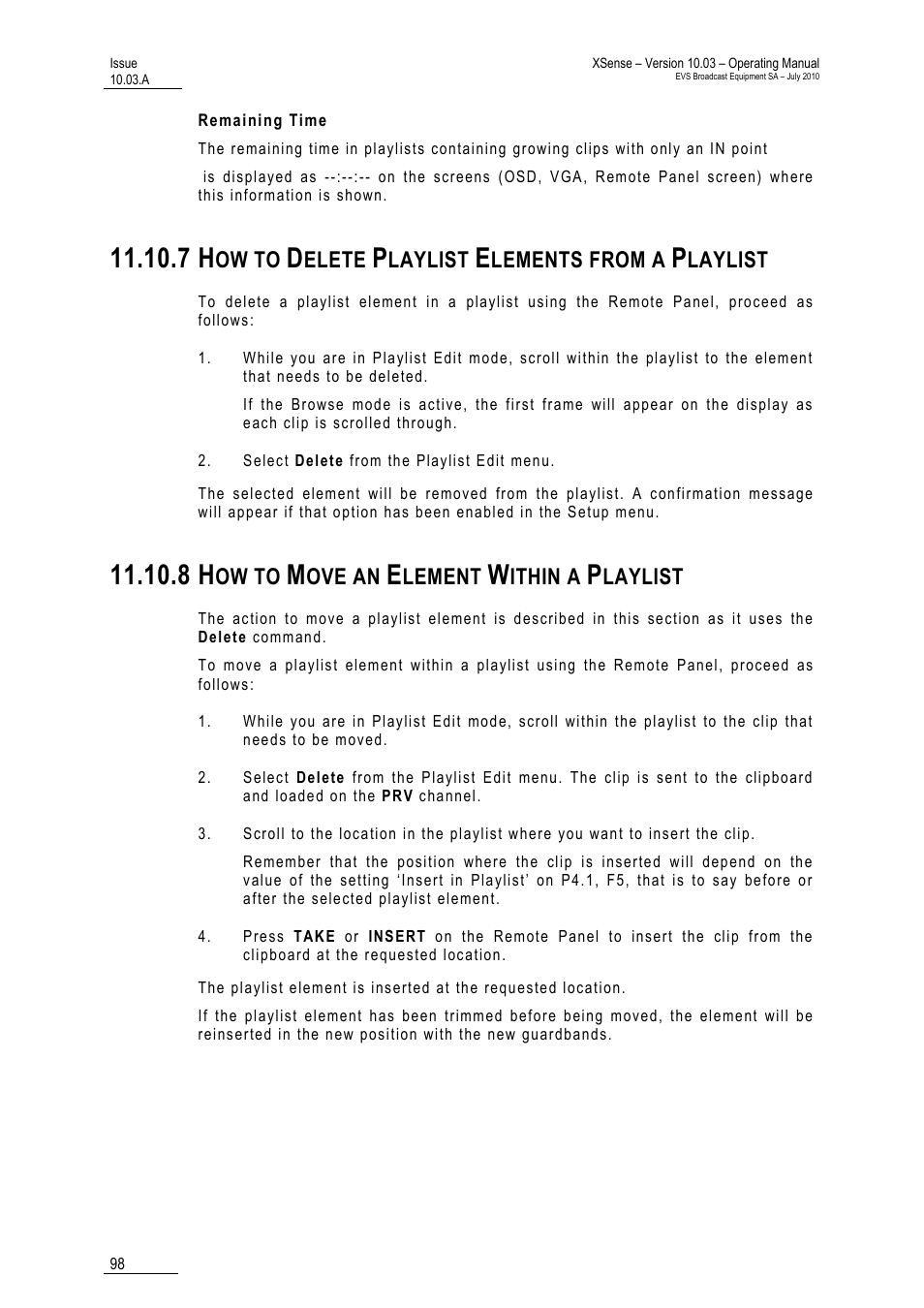 Remaining time, 7 how to delete playlist elements from a playlist, 8 how to move an element within a playlist | Playlist, Aylist | EVS XSense Version 10.03 - July 2010 Operating Manual User Manual | Page 107 / 161