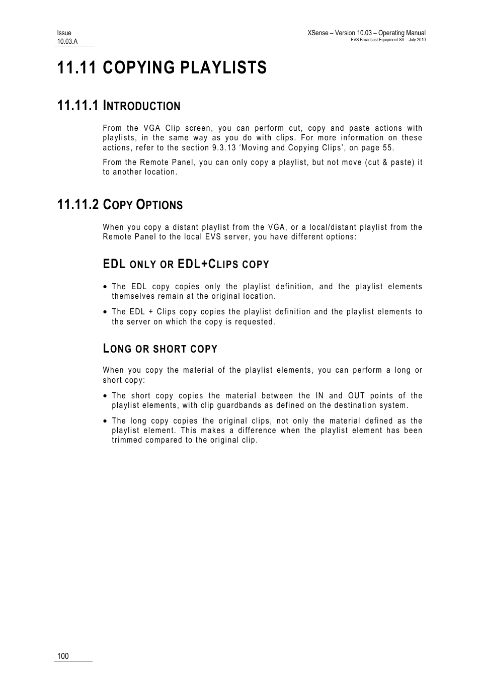 11 copying playlists, 1 introduction, 2 copy options | Edl only or edl+clips copy, Long or short copy, Copying playlists, Edl+c | EVS XSense Version 10.03 - July 2010 Operating Manual User Manual | Page 109 / 161