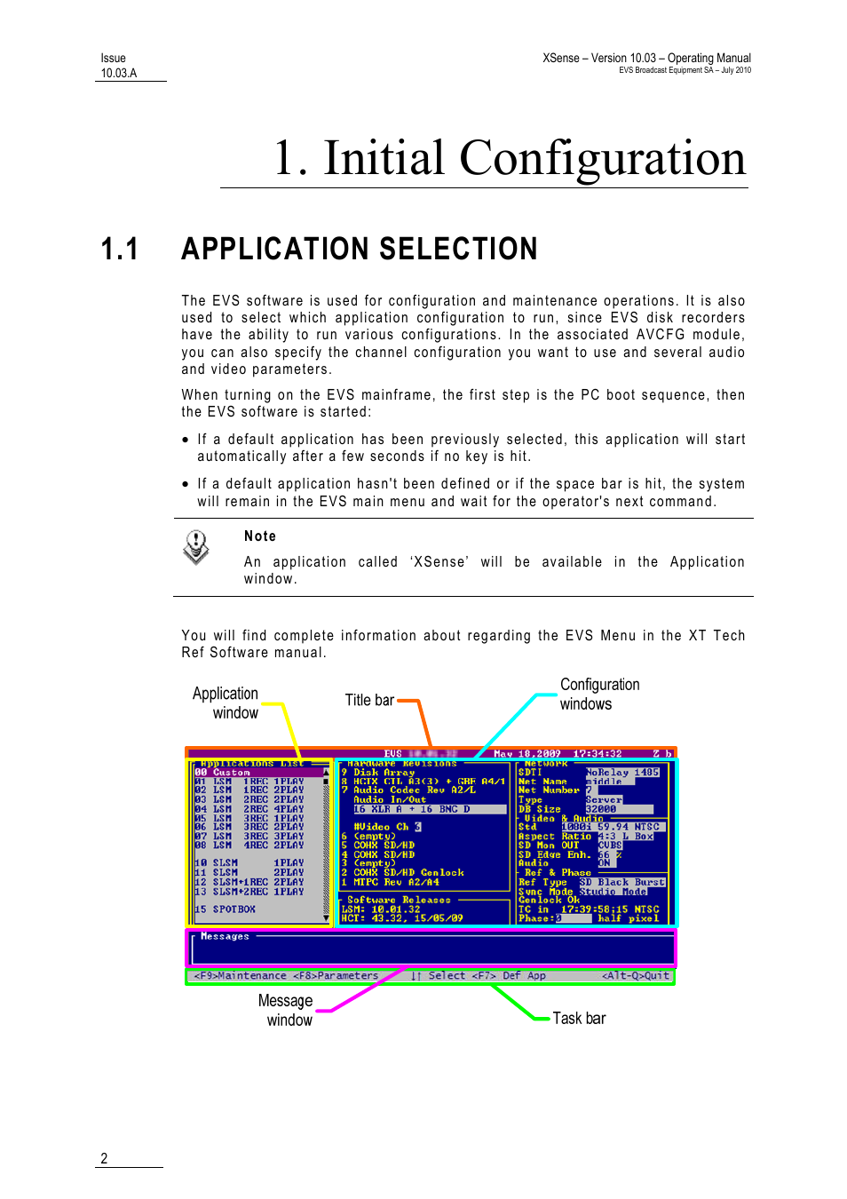 Initial configuration, 1 application selection, Ection | EVS XSense Version 10.03 - July 2010 Operating Manual User Manual | Page 11 / 161