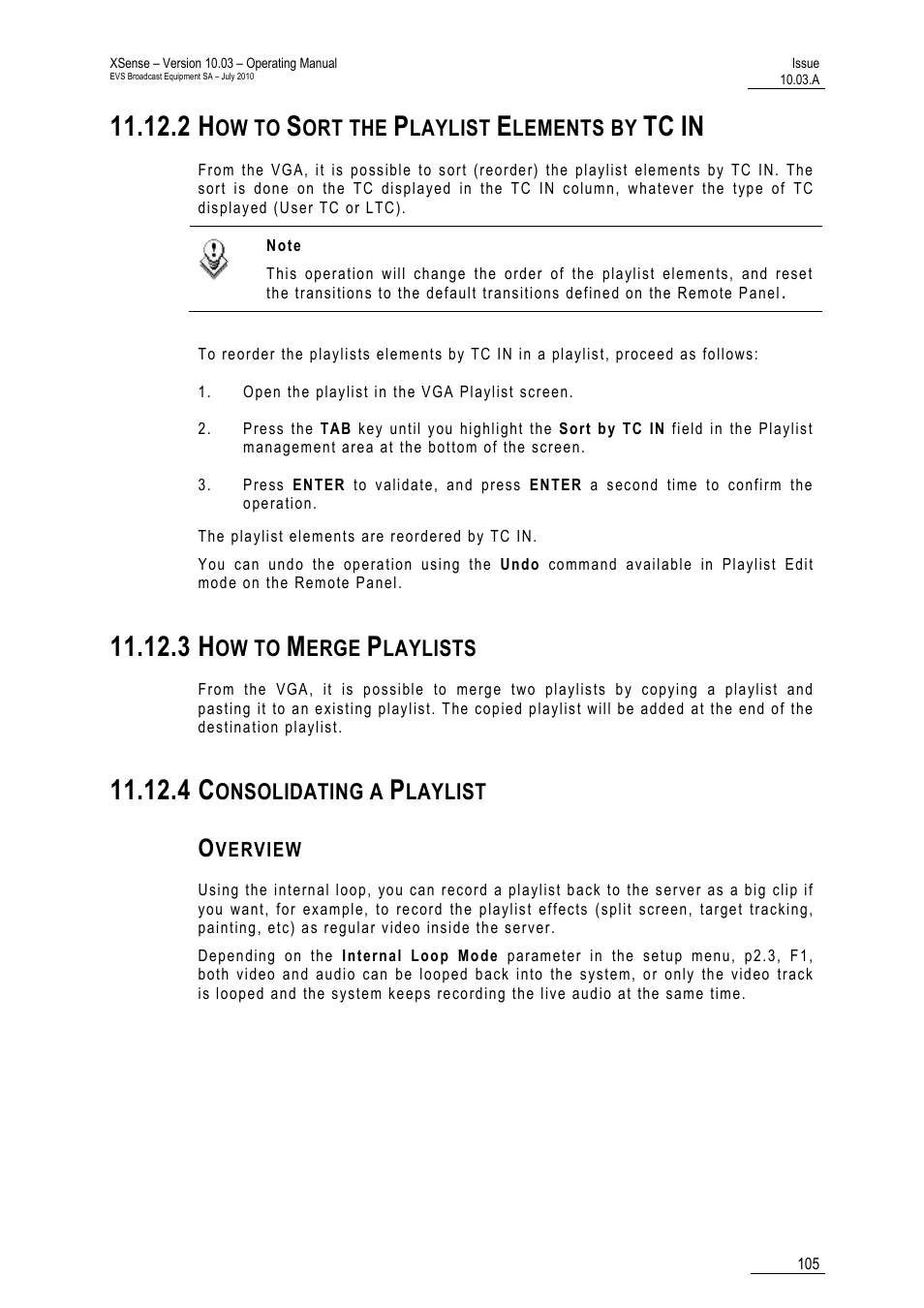 2 how to sort the playlist elements by tc in, 3 how to merge playlists, 4 consolidating a playlist | Overview | EVS XSense Version 10.03 - July 2010 Operating Manual User Manual | Page 114 / 161