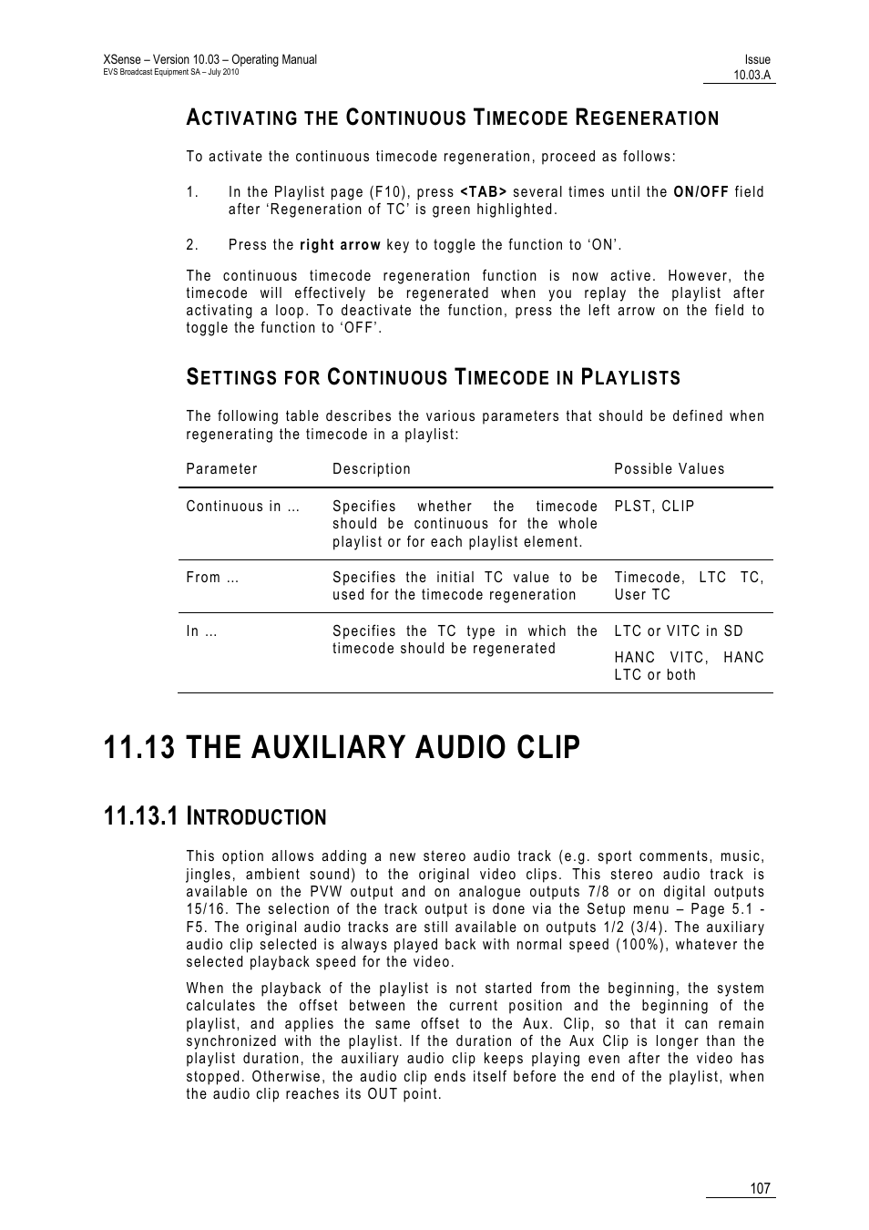 Activating the continuous timecode regeneration, Settings for continuous timecode in playlists, 13 the auxiliary audio clip | 1 introduction, Ntroduction | EVS XSense Version 10.03 - July 2010 Operating Manual User Manual | Page 116 / 161