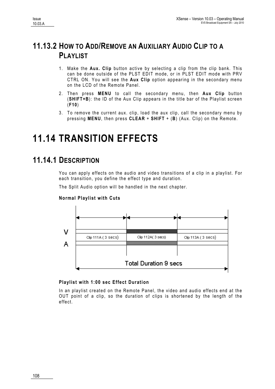 14 transition effects, 1 description, Normal playlist with cuts | Playlist with 1:00 sec effect duration, Effects, 14 ‘transition | EVS XSense Version 10.03 - July 2010 Operating Manual User Manual | Page 117 / 161