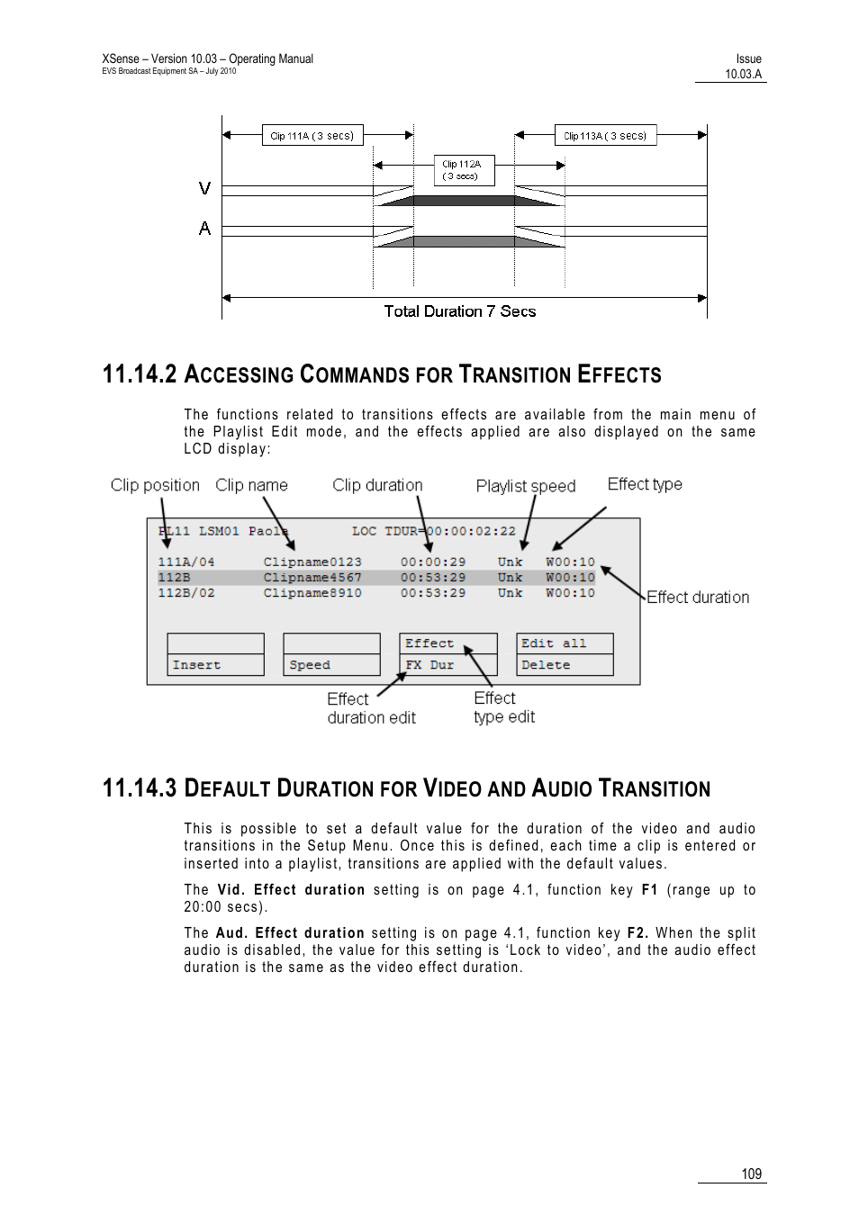 2 accessing commands for transition effects, 3 default duration for video and audio transition, Sition | EVS XSense Version 10.03 - July 2010 Operating Manual User Manual | Page 118 / 161