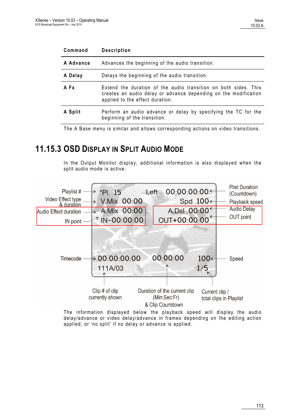 3 osd display in split audio mode, 3 osd, Isplay in | Plit, Udio | EVS XSense Version 10.03 - July 2010 Operating Manual User Manual | Page 122 / 161