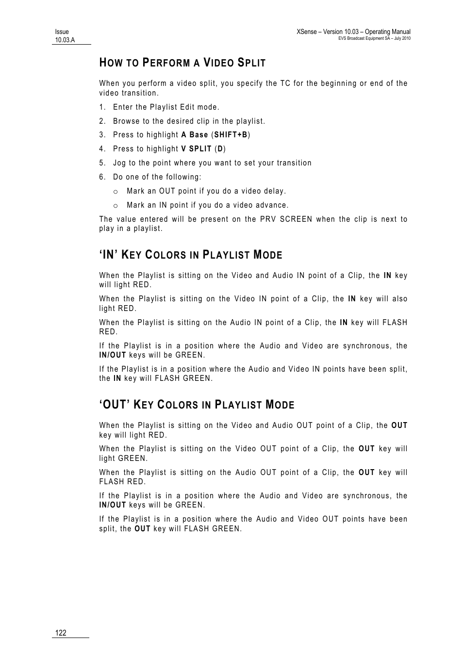 How to perform a video split, In’ key colors in playlist mode, Out’ key colors in playlist mode | EVS XSense Version 10.03 - July 2010 Operating Manual User Manual | Page 131 / 161