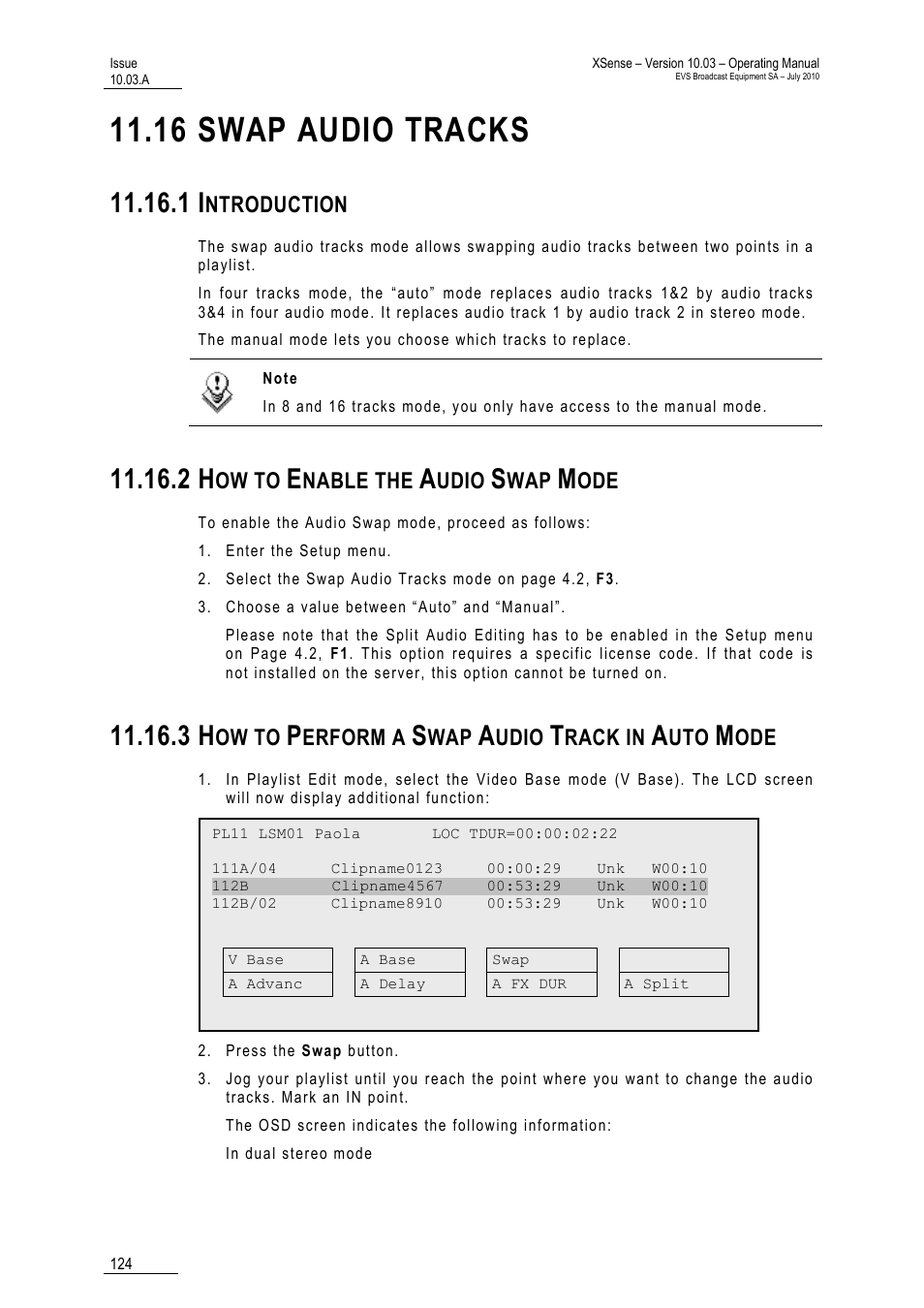 16 swap audio tracks, 1 introduction, 2 how to enable the audio swap mode | 3 how to perform a swap audio track in auto mode, Mode, Ntroduction, Ow to, Nable the, Udio, Erform a | EVS XSense Version 10.03 - July 2010 Operating Manual User Manual | Page 133 / 161