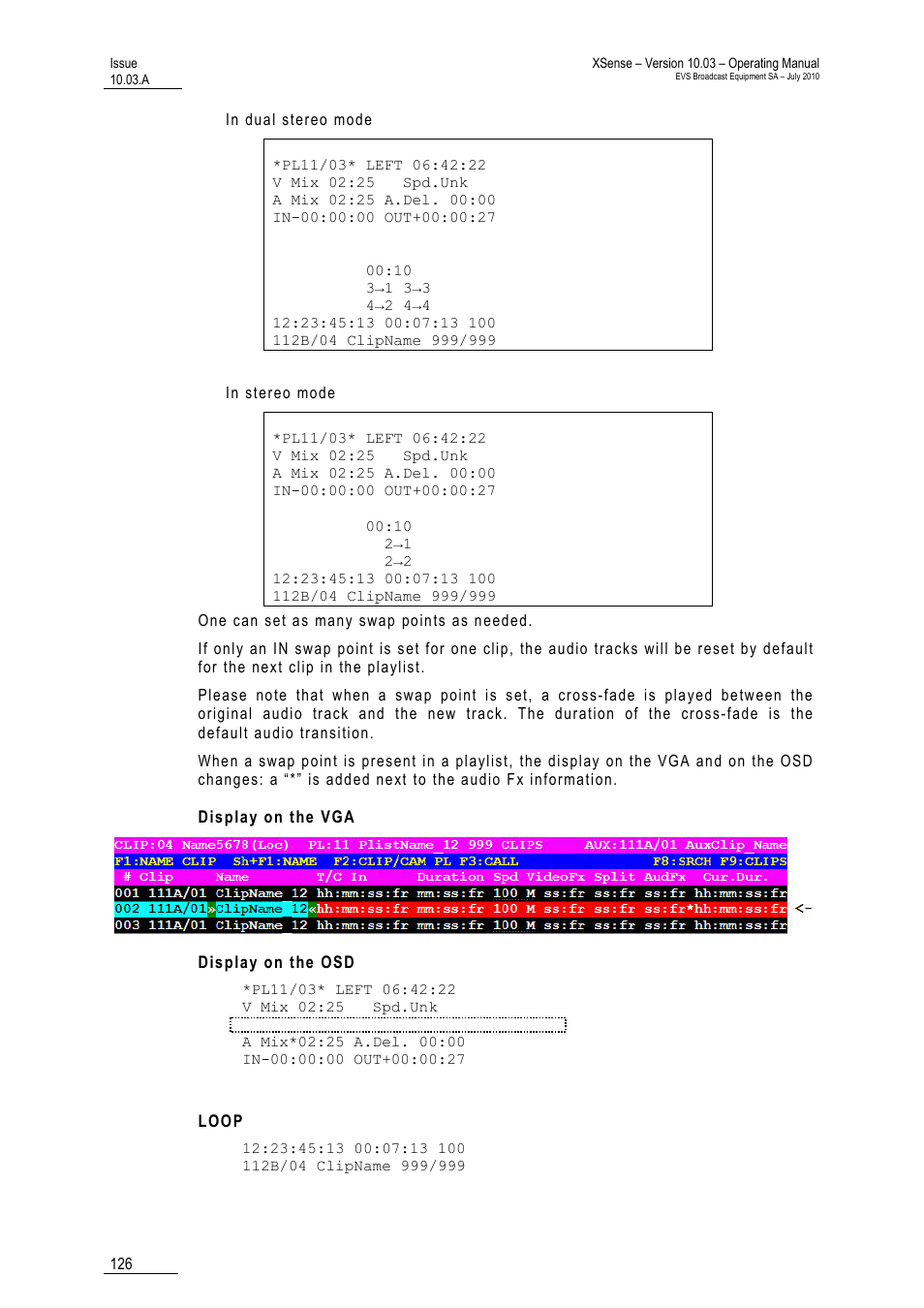 Display on the vga, Display on the osd, Loop | EVS XSense Version 10.03 - July 2010 Operating Manual User Manual | Page 135 / 161