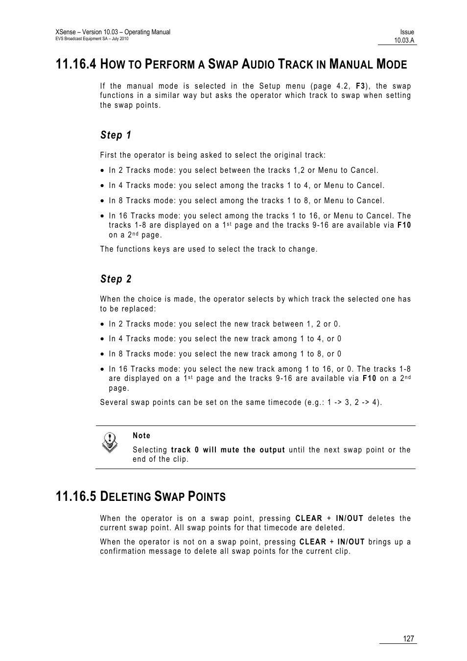 4 how to perform a swap audio track in manual mode, Step 1, Step 2 | 5 deleting swap points, Ow to, Erform a, Udio, Rack in, Anual, Eleting | EVS XSense Version 10.03 - July 2010 Operating Manual User Manual | Page 136 / 161