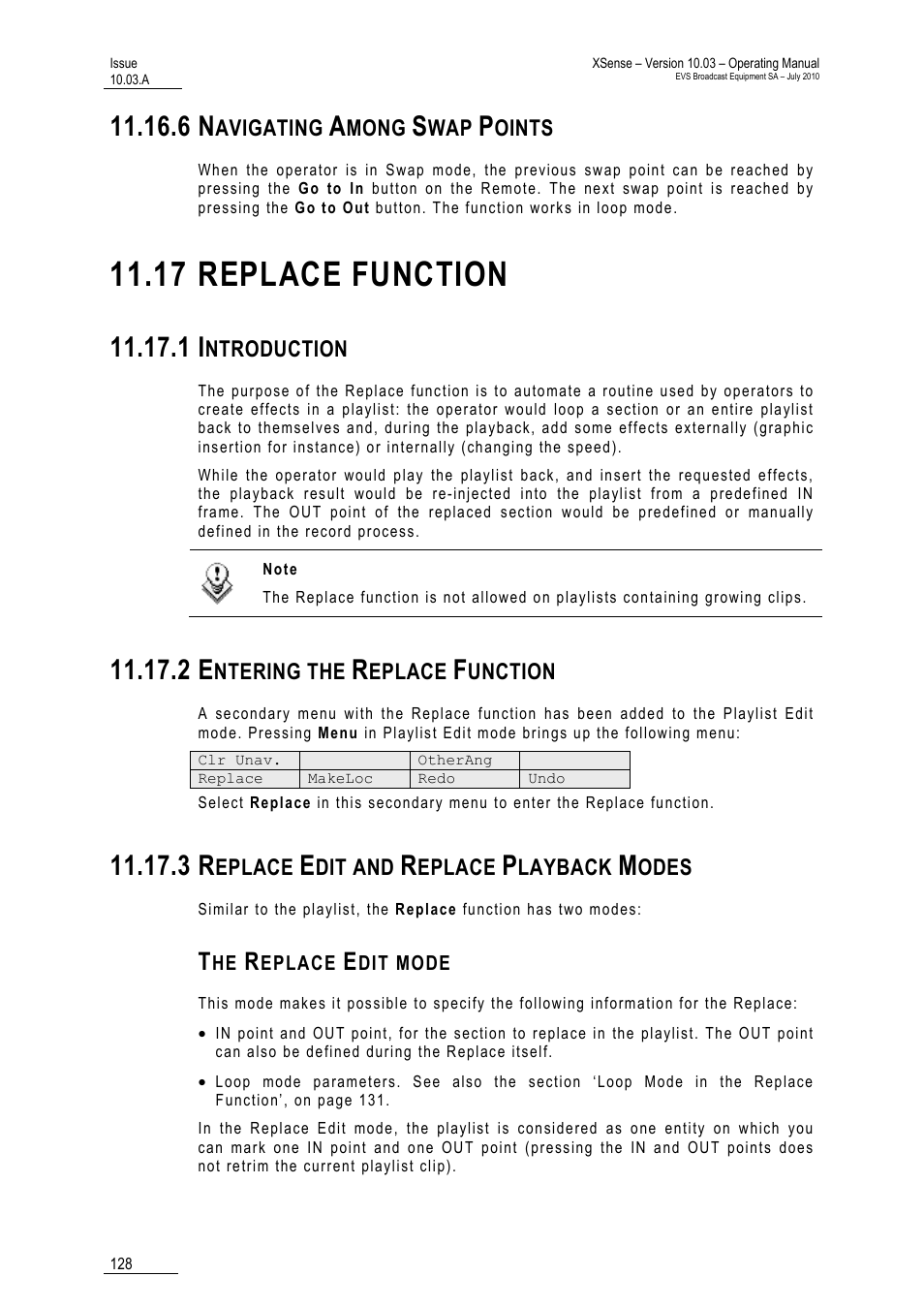 6 navigating among swap points, 17 replace function, 1 introduction | 2 entering the replace function, 3 replace edit and replace playback modes, The replace edit mode, Unction, 17 ‘replace function | EVS XSense Version 10.03 - July 2010 Operating Manual User Manual | Page 137 / 161