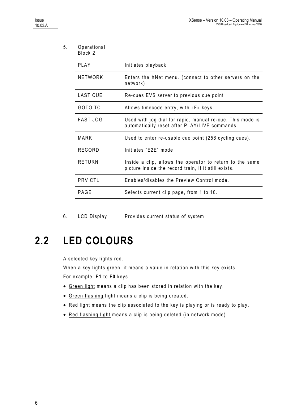 2 led colours | EVS XSense Version 10.03 - July 2010 Operating Manual User Manual | Page 15 / 161