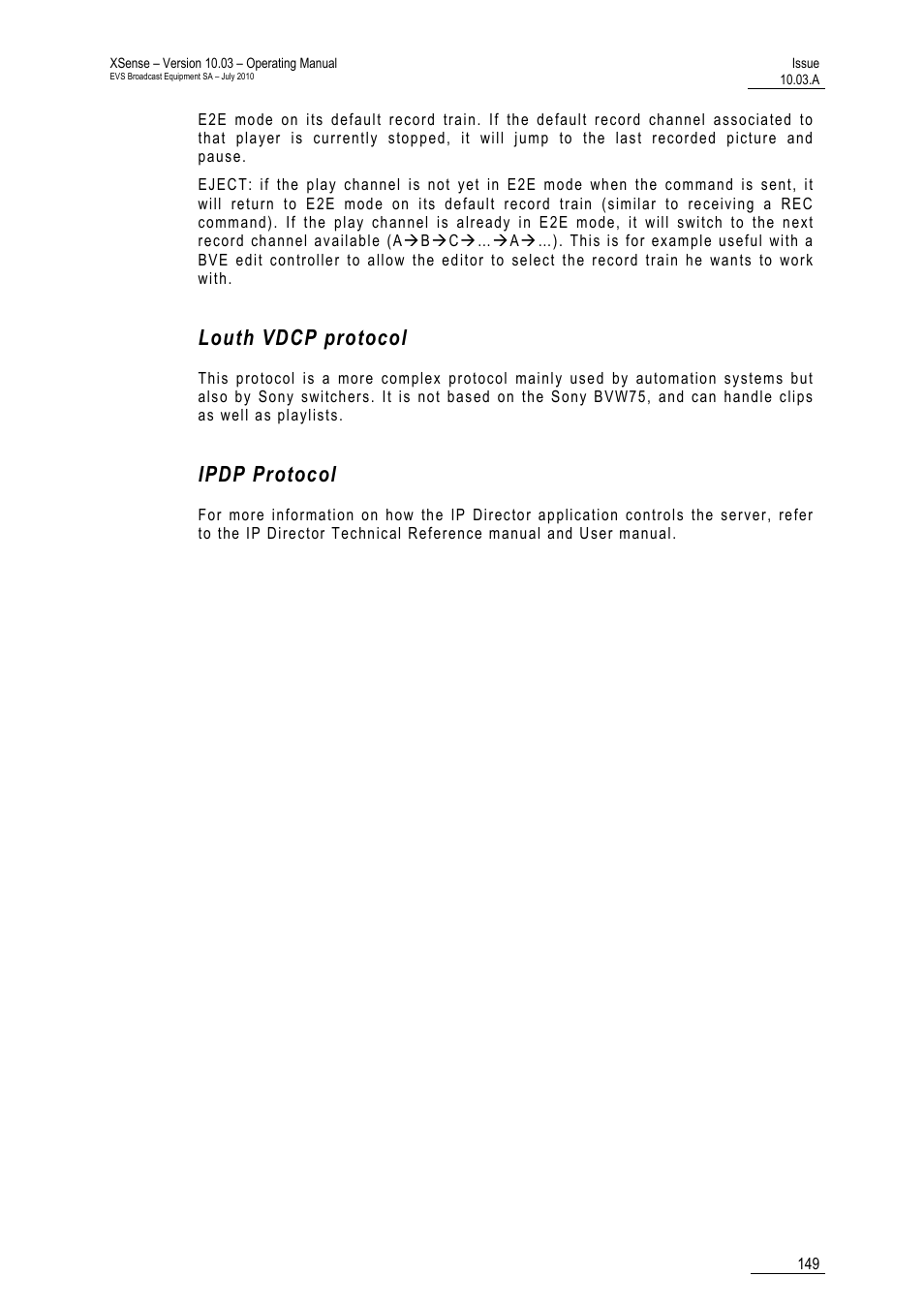 Louth vdcp protocol, Ipdp protocol | EVS XSense Version 10.03 - July 2010 Operating Manual User Manual | Page 158 / 161