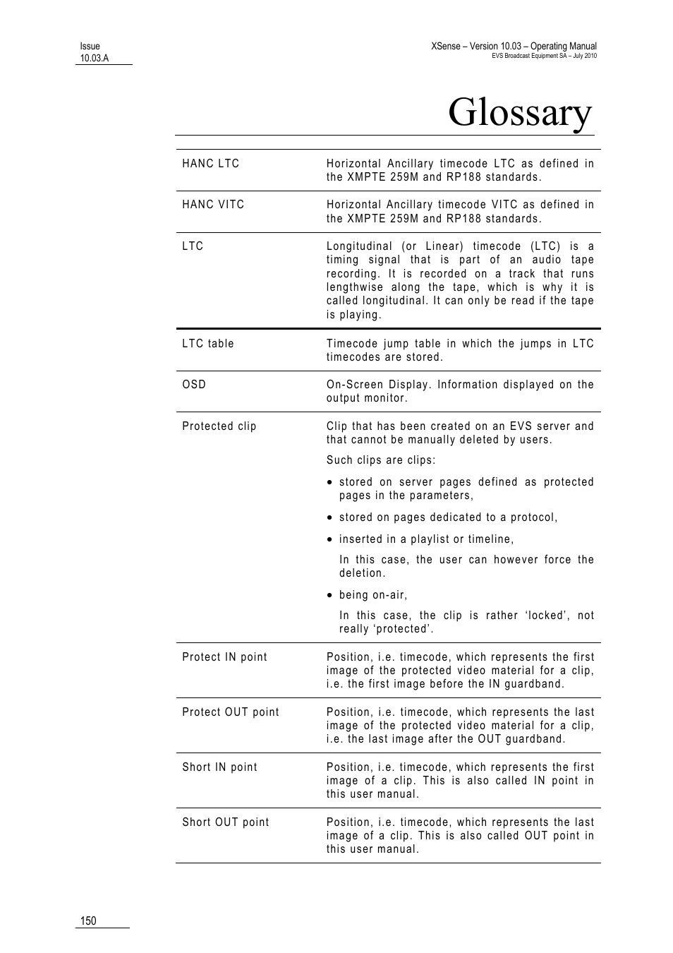 Glossary | EVS XSense Version 10.03 - July 2010 Operating Manual User Manual | Page 159 / 161