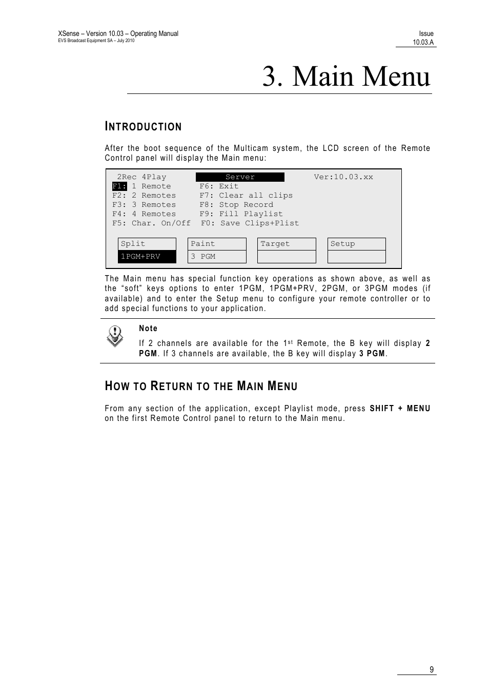 Main menu, Introduction, How to return to the main menu | EVS XSense Version 10.03 - July 2010 Operating Manual User Manual | Page 18 / 161