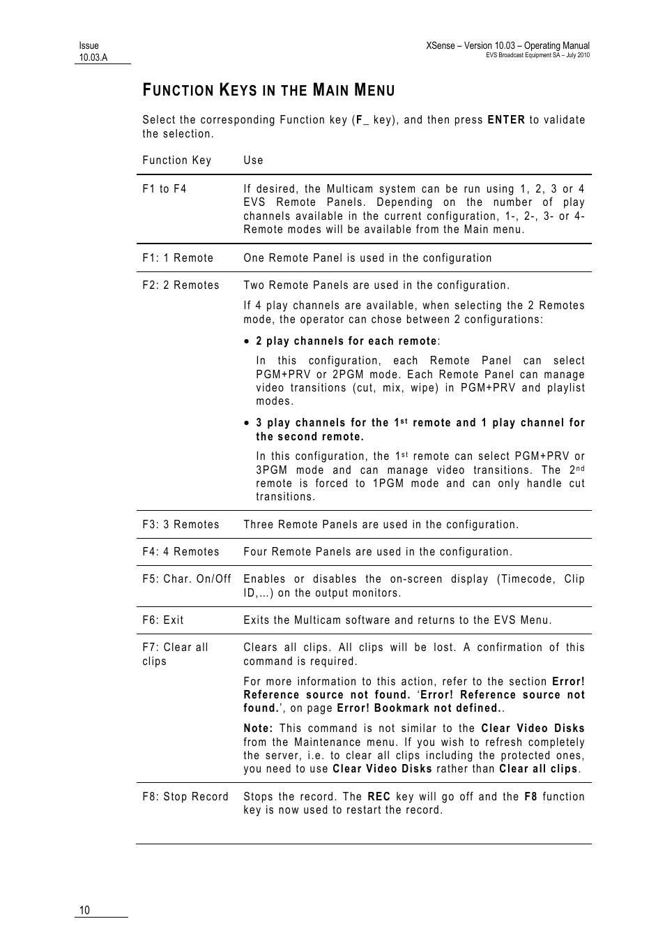 Function keys in the main menu | EVS XSense Version 10.03 - July 2010 Operating Manual User Manual | Page 19 / 161