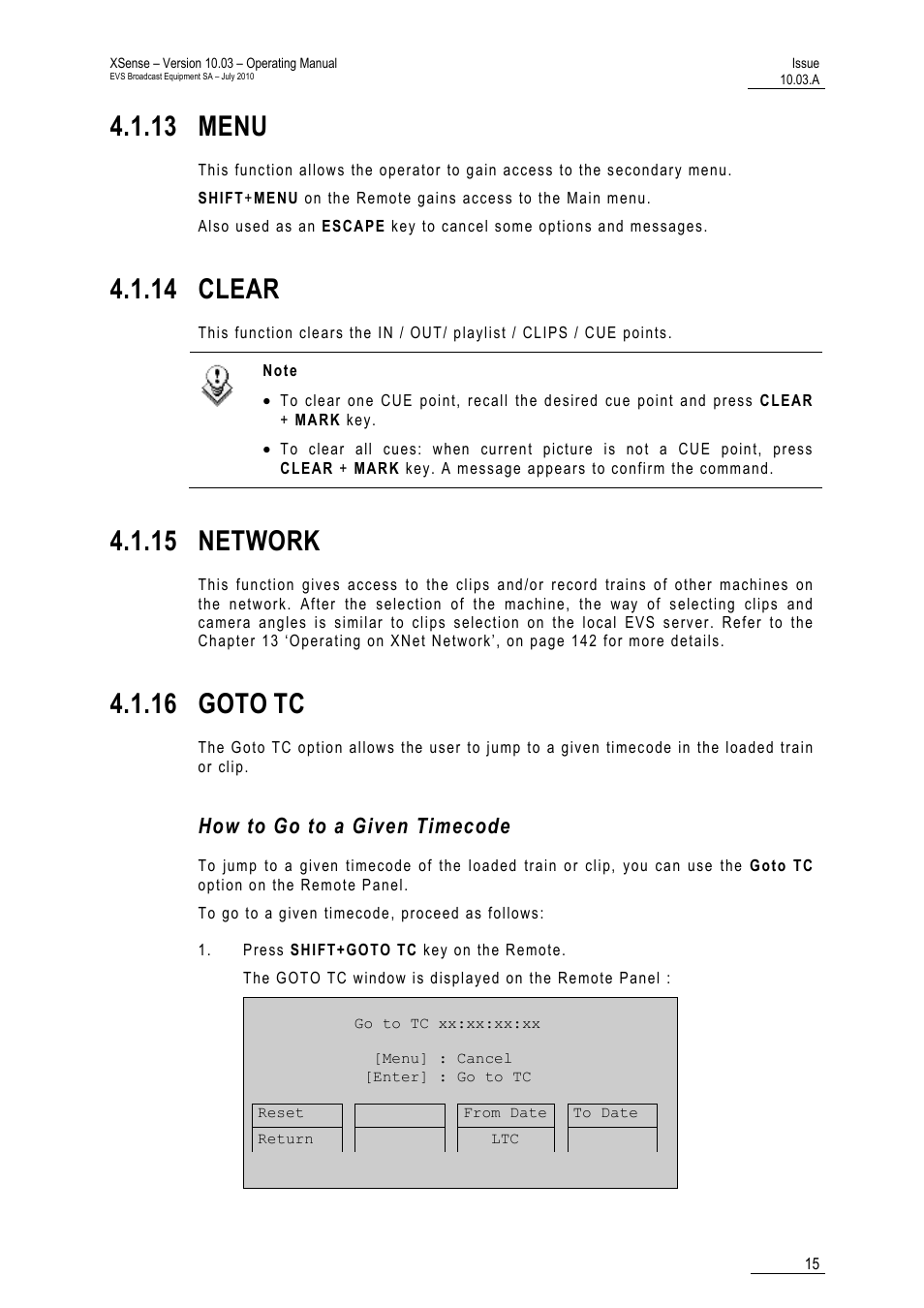 13 menu, 14 clear, 15 network | 16 goto tc, How to go to a given timecode, 16 goto | EVS XSense Version 10.03 - July 2010 Operating Manual User Manual | Page 24 / 161