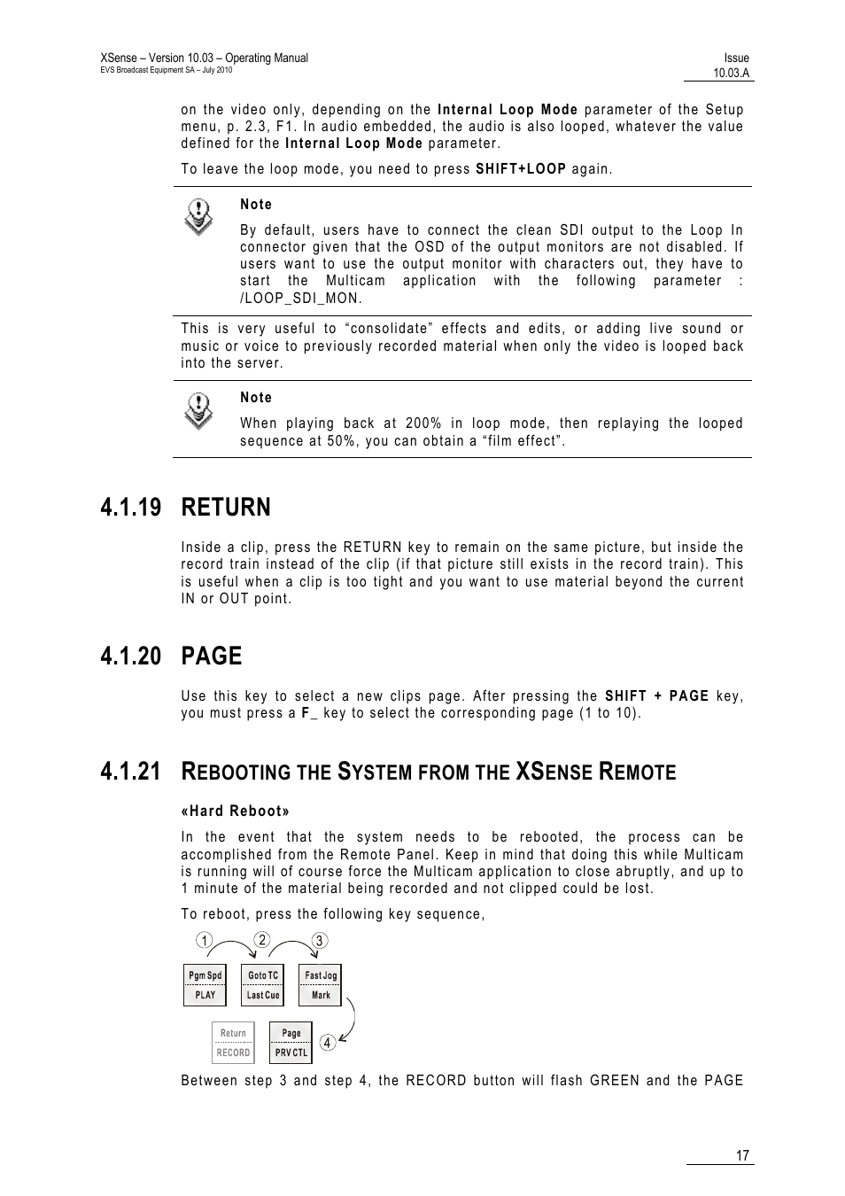 19 return, 21 rebooting the system from the xsense remote, Hard reboot | Remote, 20 page, 21 r, Ebooting the, Ystem from the, Ense, Emote | EVS XSense Version 10.03 - July 2010 Operating Manual User Manual | Page 26 / 161