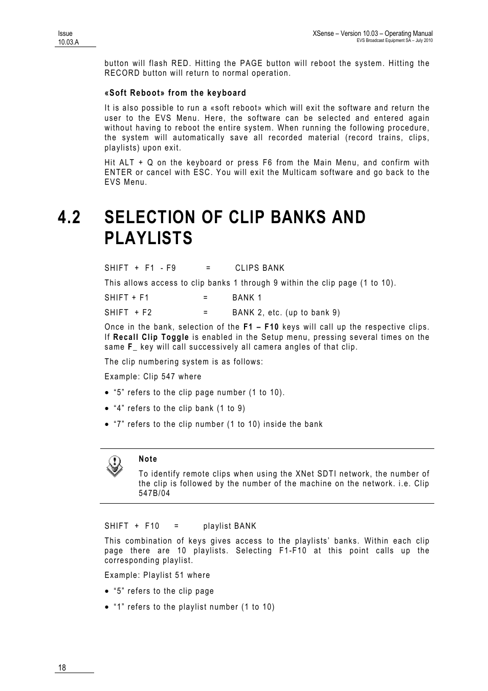 Soft reboot» from the keyboard, 2 selection of clip banks and playlists, Aylists | EVS XSense Version 10.03 - July 2010 Operating Manual User Manual | Page 27 / 161