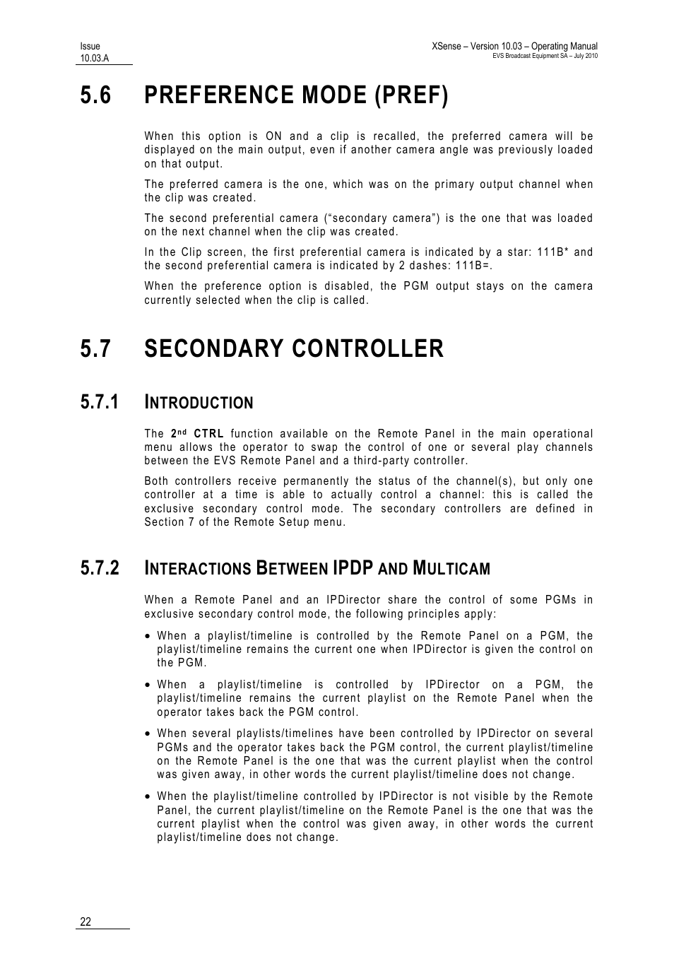 6 preference mode (pref), 7 secondary controller, 1 introduction | 2 interactions between ipdp and multicam, Ntroller, Lticam, Ipdp, Ntroduction, Nteractions, Etween | EVS XSense Version 10.03 - July 2010 Operating Manual User Manual | Page 31 / 161