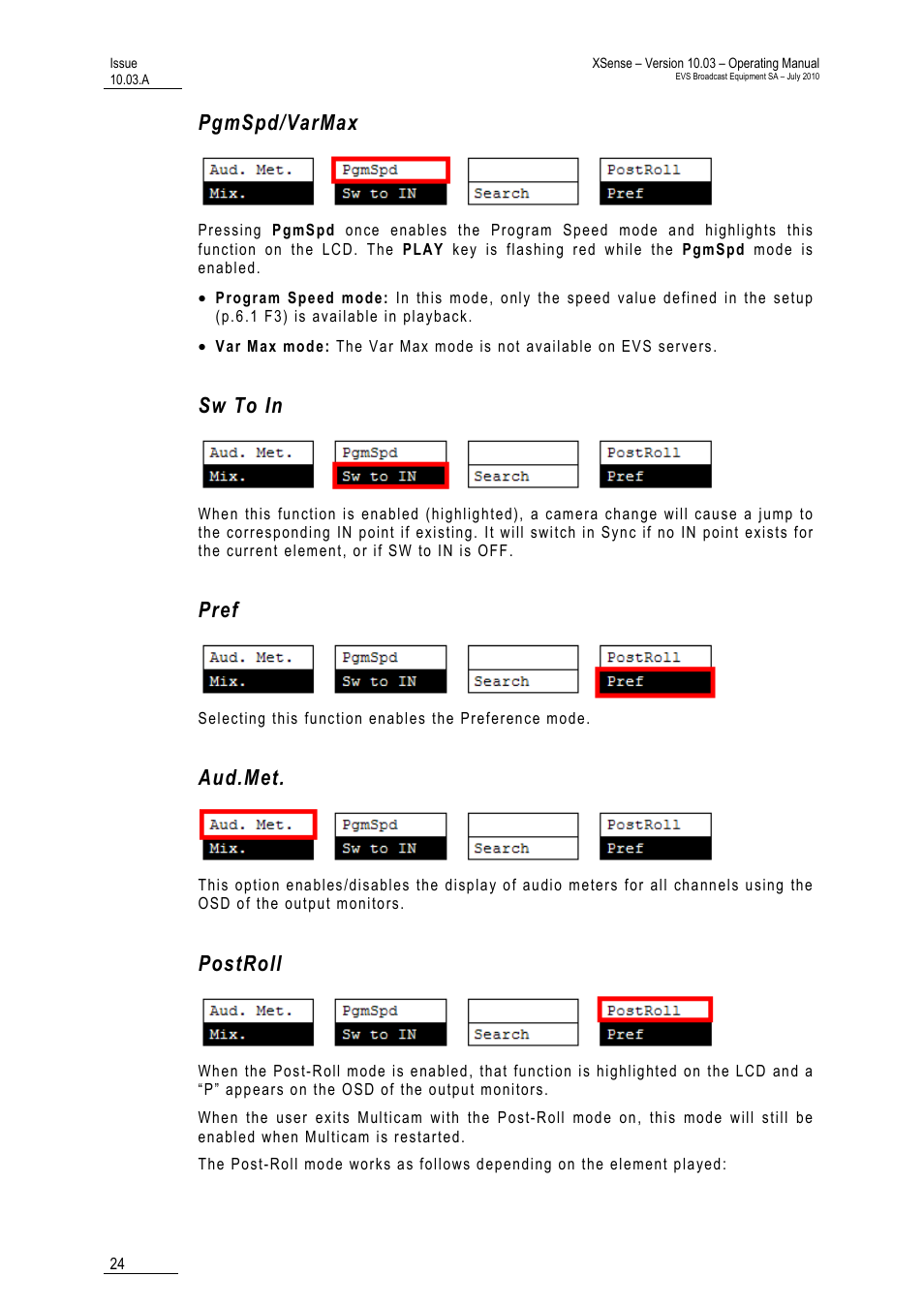 Pgmspd/varmax, Sw to in, Pref | Aud.met, Postroll | EVS XSense Version 10.03 - July 2010 Operating Manual User Manual | Page 33 / 161