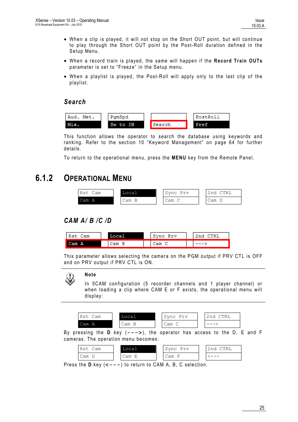 Search, 2 operational menu, Cam a/ b /c /d | Perational | EVS XSense Version 10.03 - July 2010 Operating Manual User Manual | Page 34 / 161