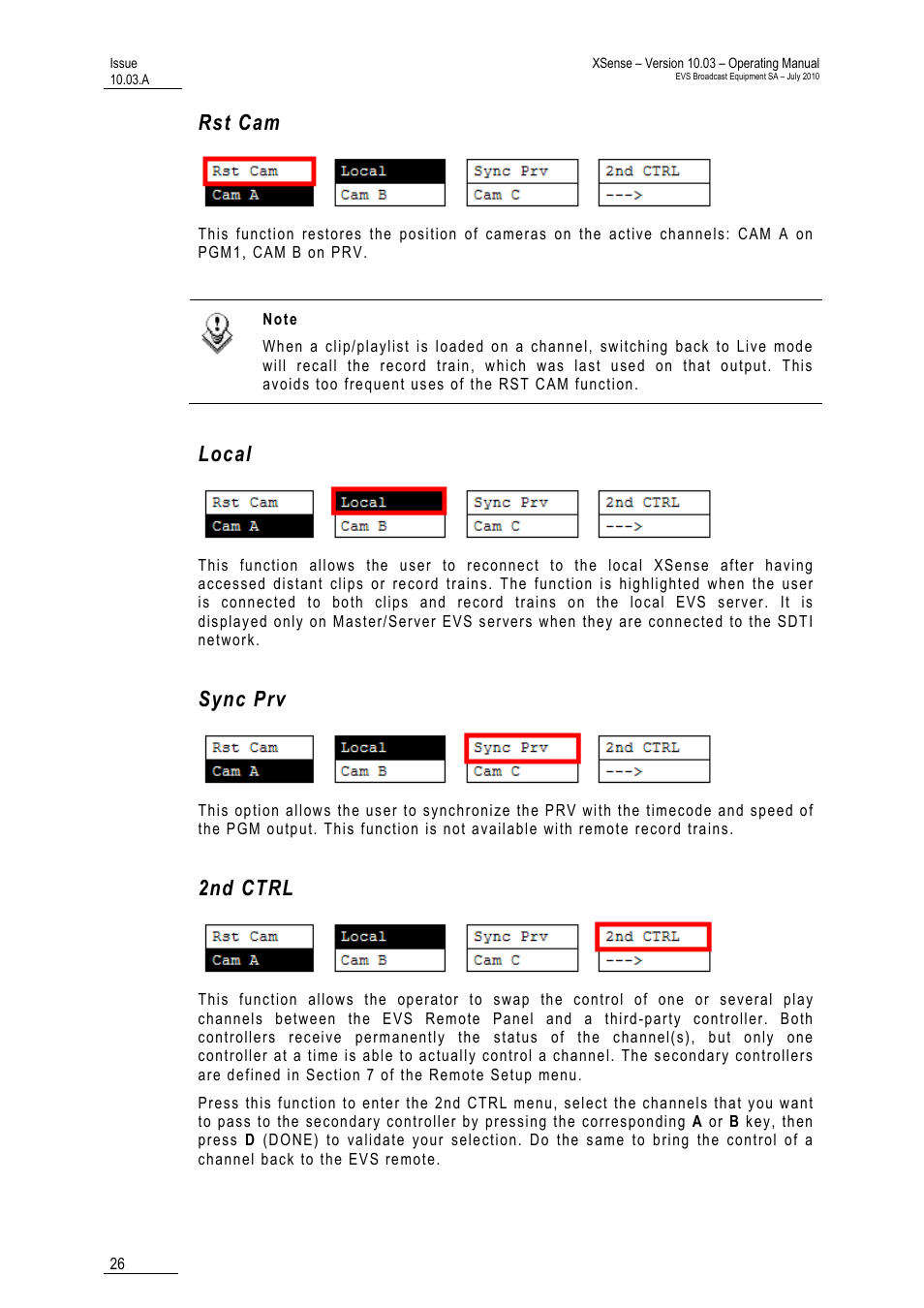 Rst cam, Local, Sync prv | 2nd ctrl | EVS XSense Version 10.03 - July 2010 Operating Manual User Manual | Page 35 / 161