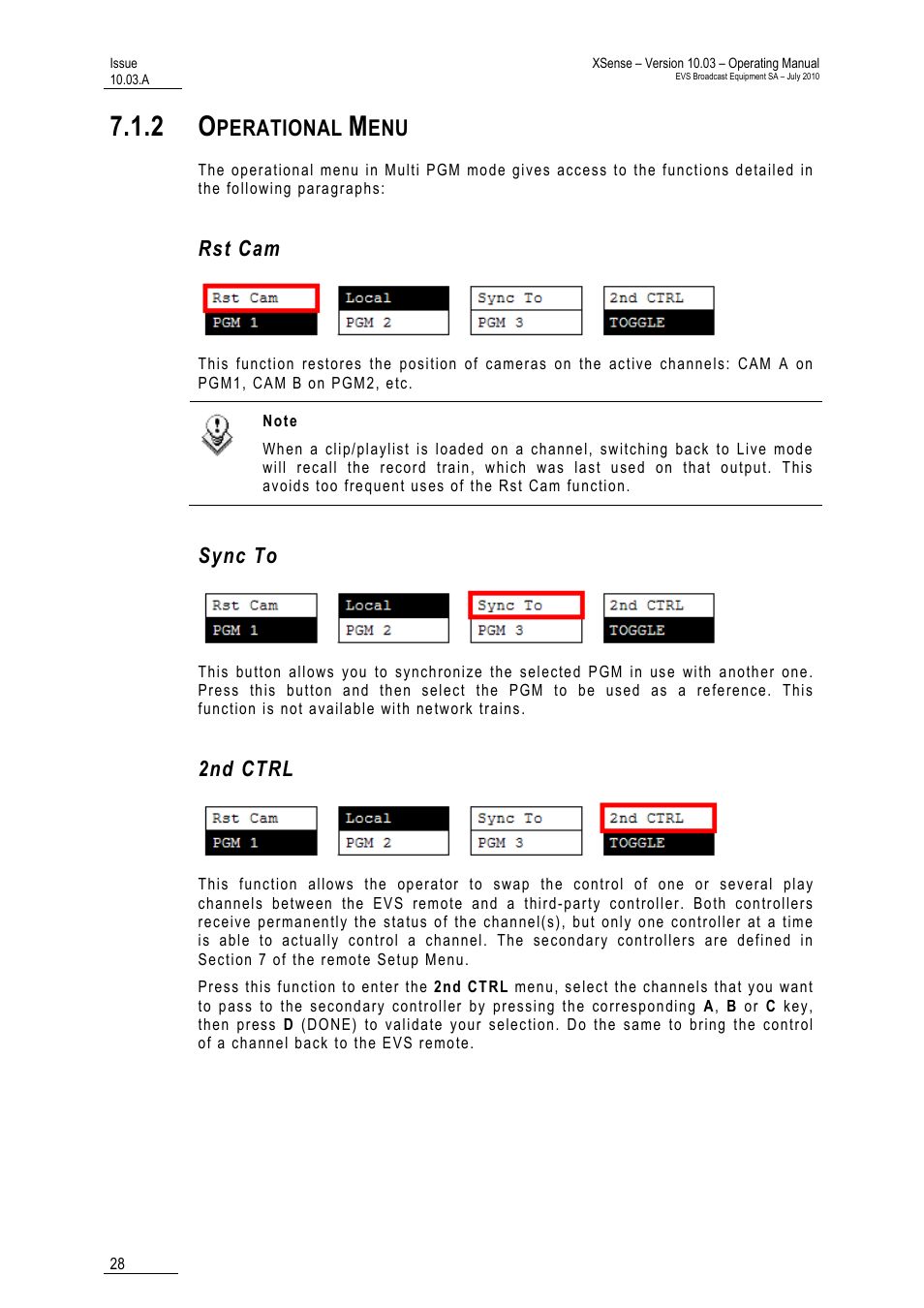 2 operational menu, Rst cam, Sync to | 2nd ctrl, Perational | EVS XSense Version 10.03 - July 2010 Operating Manual User Manual | Page 37 / 161
