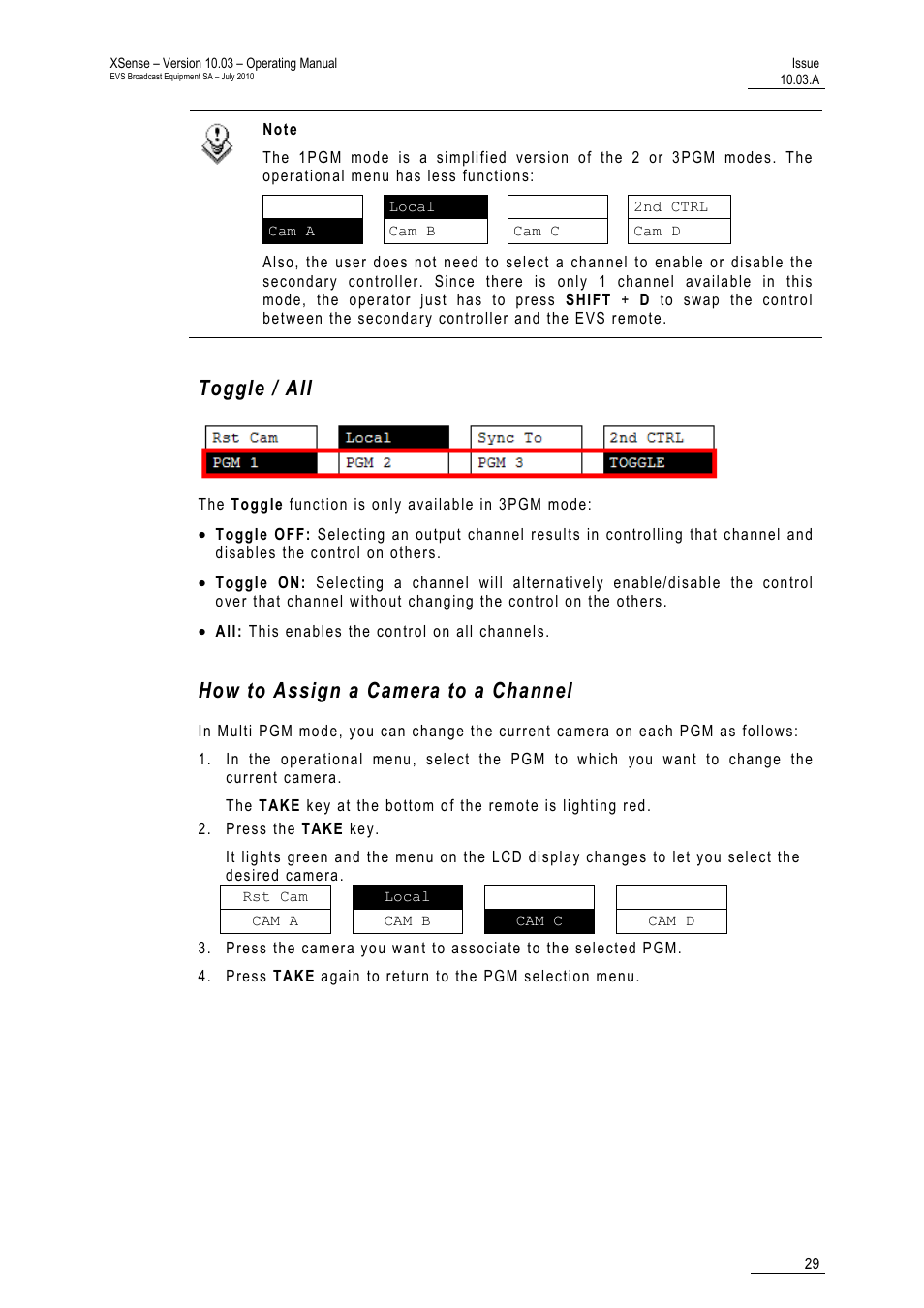 Toggle / all, How to assign a camera to a channel | EVS XSense Version 10.03 - July 2010 Operating Manual User Manual | Page 38 / 161