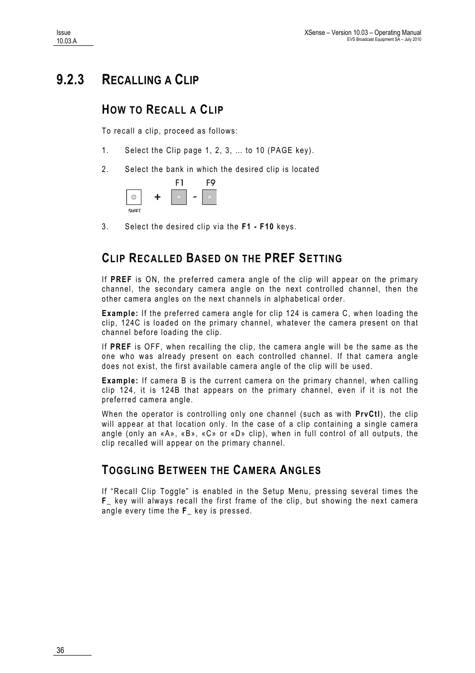 3 recalling a clip, How to recall a clip, Clip recalled based on the pref setting | Toggling between the camera angles, Pref | EVS XSense Version 10.03 - July 2010 Operating Manual User Manual | Page 45 / 161