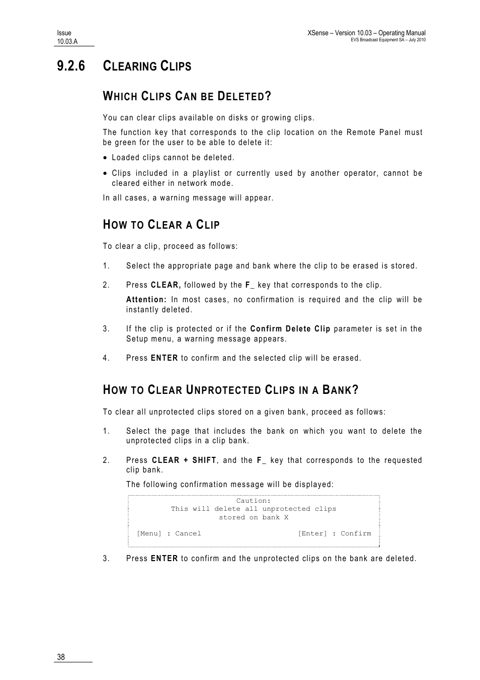 6 clearing clips, Which clips can be deleted, How to clear a clip | How to clear unprotected clips in a bank, Learing, Lips | EVS XSense Version 10.03 - July 2010 Operating Manual User Manual | Page 47 / 161
