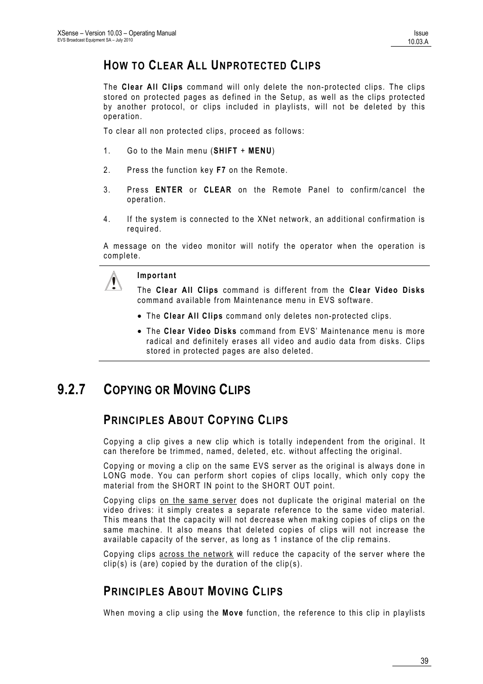 How to clear all unprotected clips, 7 copying or moving clips, Principles about copying clips | Principles about moving clips | EVS XSense Version 10.03 - July 2010 Operating Manual User Manual | Page 48 / 161