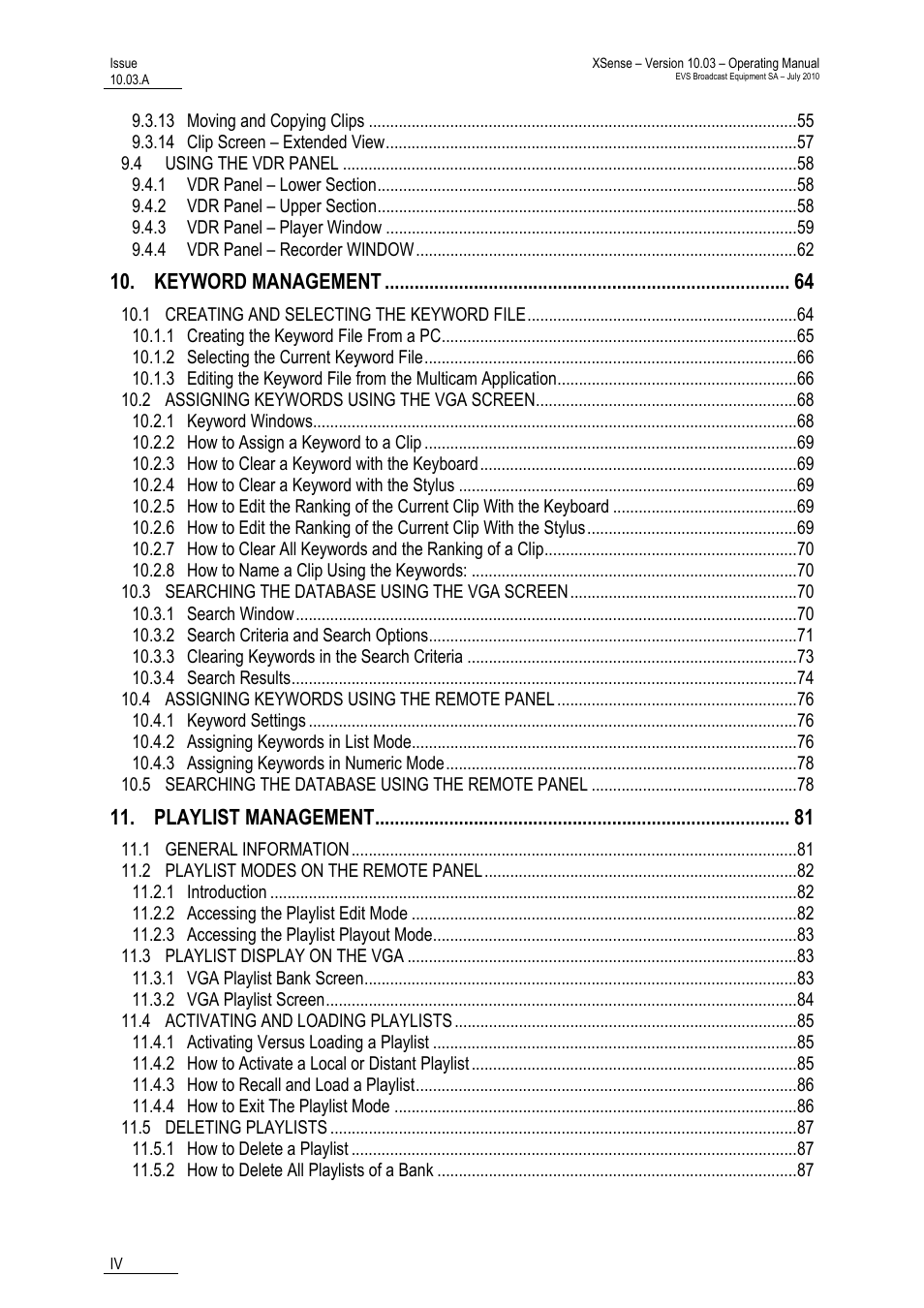 Keyword management, Playlist management | EVS XSense Version 10.03 - July 2010 Operating Manual User Manual | Page 5 / 161