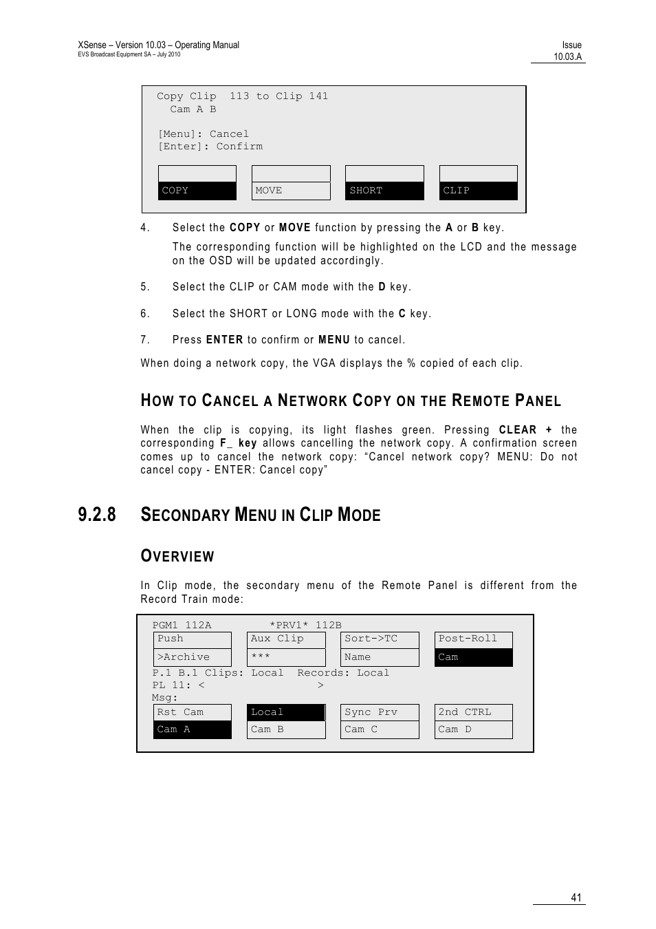 How to cancel a network copy on the remote panel, 8 secondary menu in clip mode, Overview | Econdary, Enu in | EVS XSense Version 10.03 - July 2010 Operating Manual User Manual | Page 50 / 161