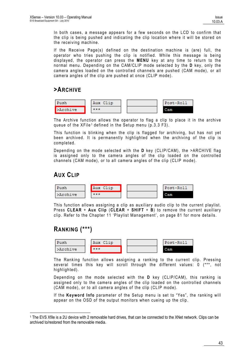 Archive, Aux clip, Ranking (***) | EVS XSense Version 10.03 - July 2010 Operating Manual User Manual | Page 52 / 161