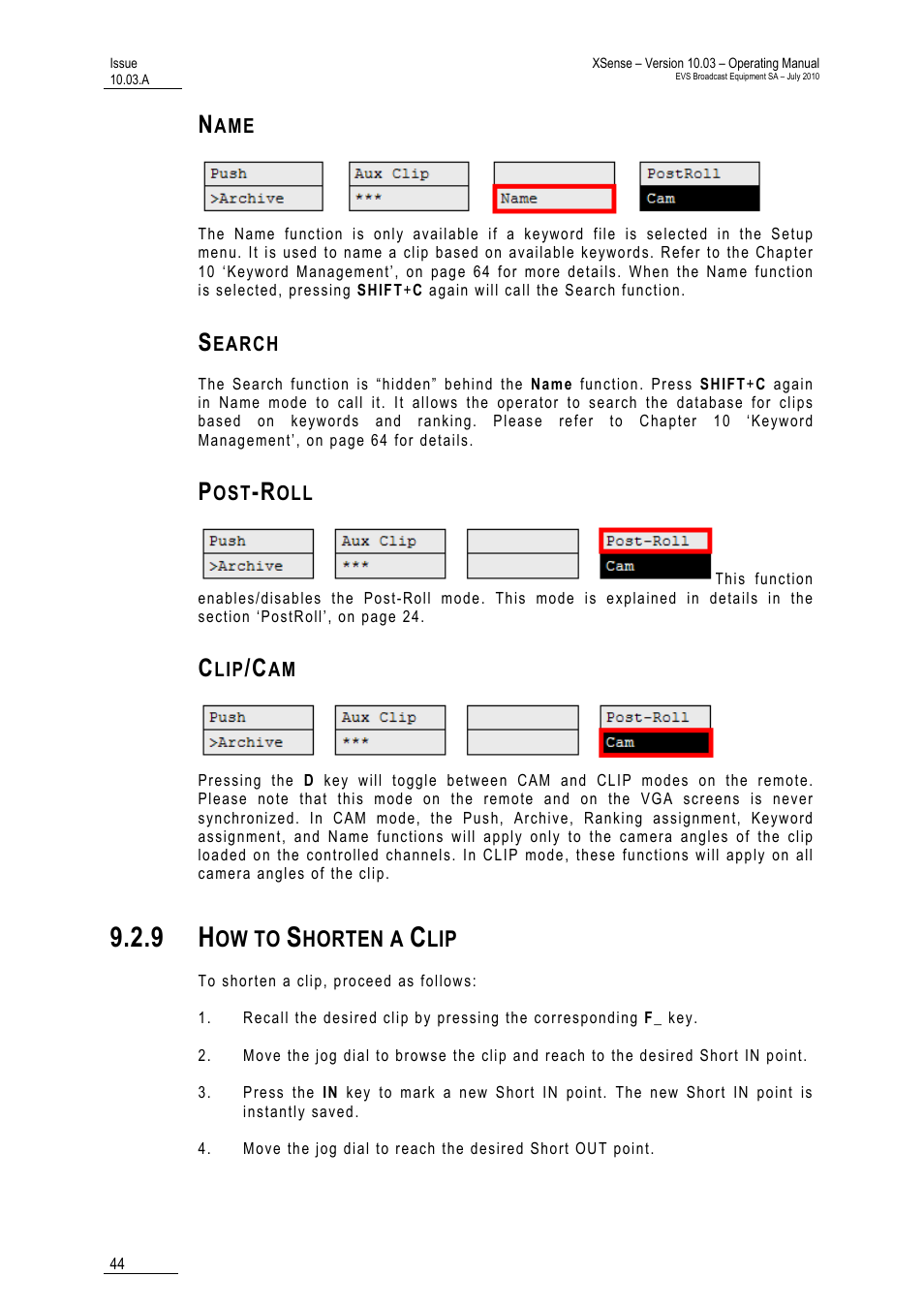 Name, Search, Post-roll | Clip/cam, 9 how to shorten a clip, Ow to, Horten a | EVS XSense Version 10.03 - July 2010 Operating Manual User Manual | Page 53 / 161
