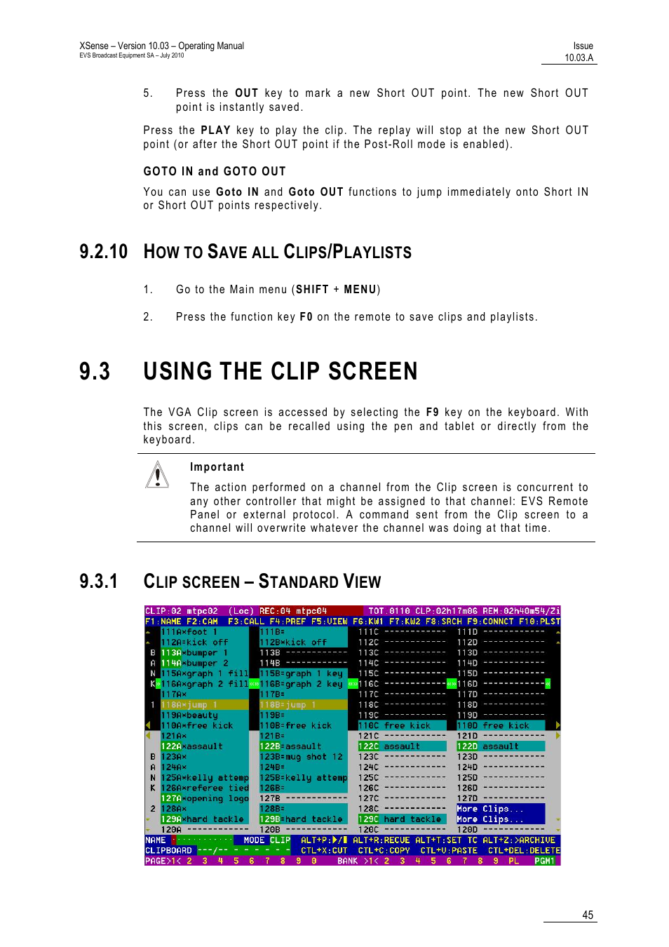 Goto in and goto out, 10 how to save all clips/playlists, 3 using the clip screen | 1 clip screen – standard view, Clips/playlists, 10 h | EVS XSense Version 10.03 - July 2010 Operating Manual User Manual | Page 54 / 161