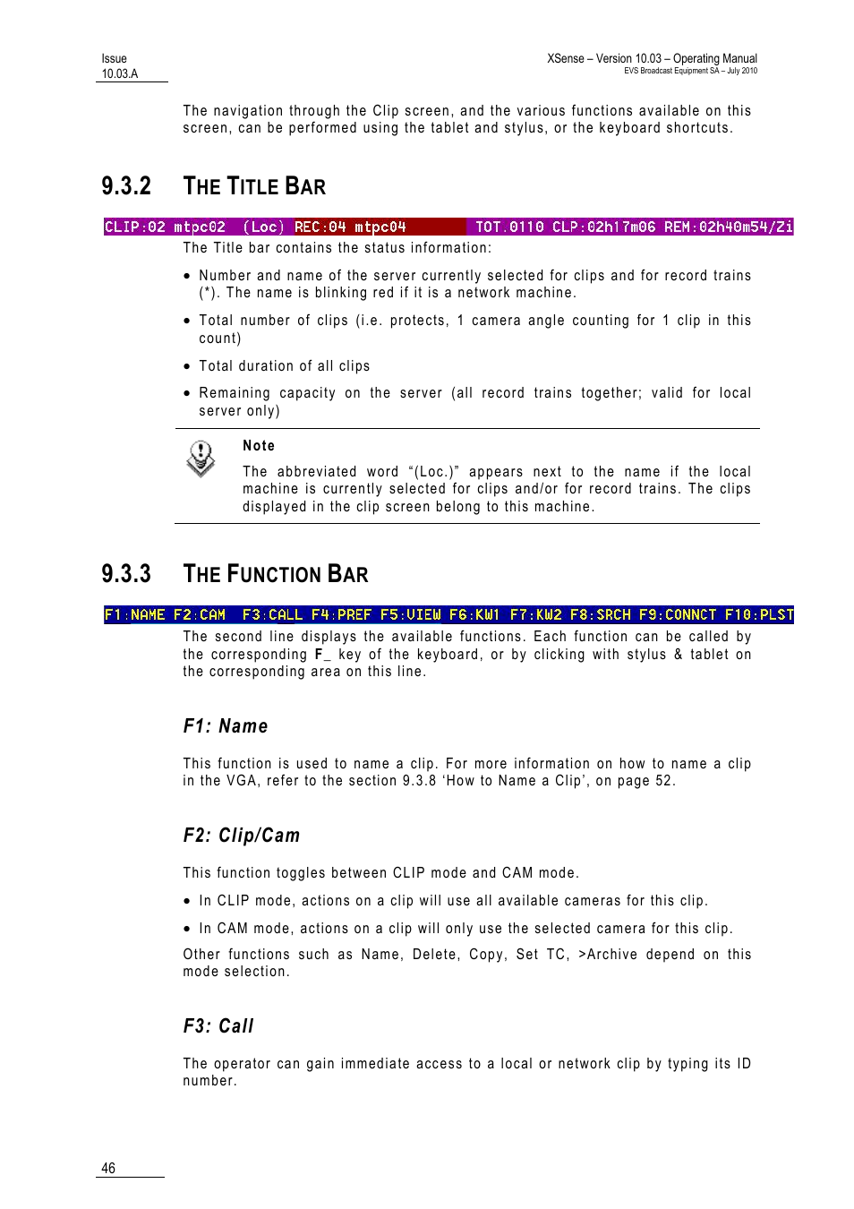 2 the title bar, 3 the function bar, F1: name | F2: clip/cam, F3: call, Itle, Unction | EVS XSense Version 10.03 - July 2010 Operating Manual User Manual | Page 55 / 161