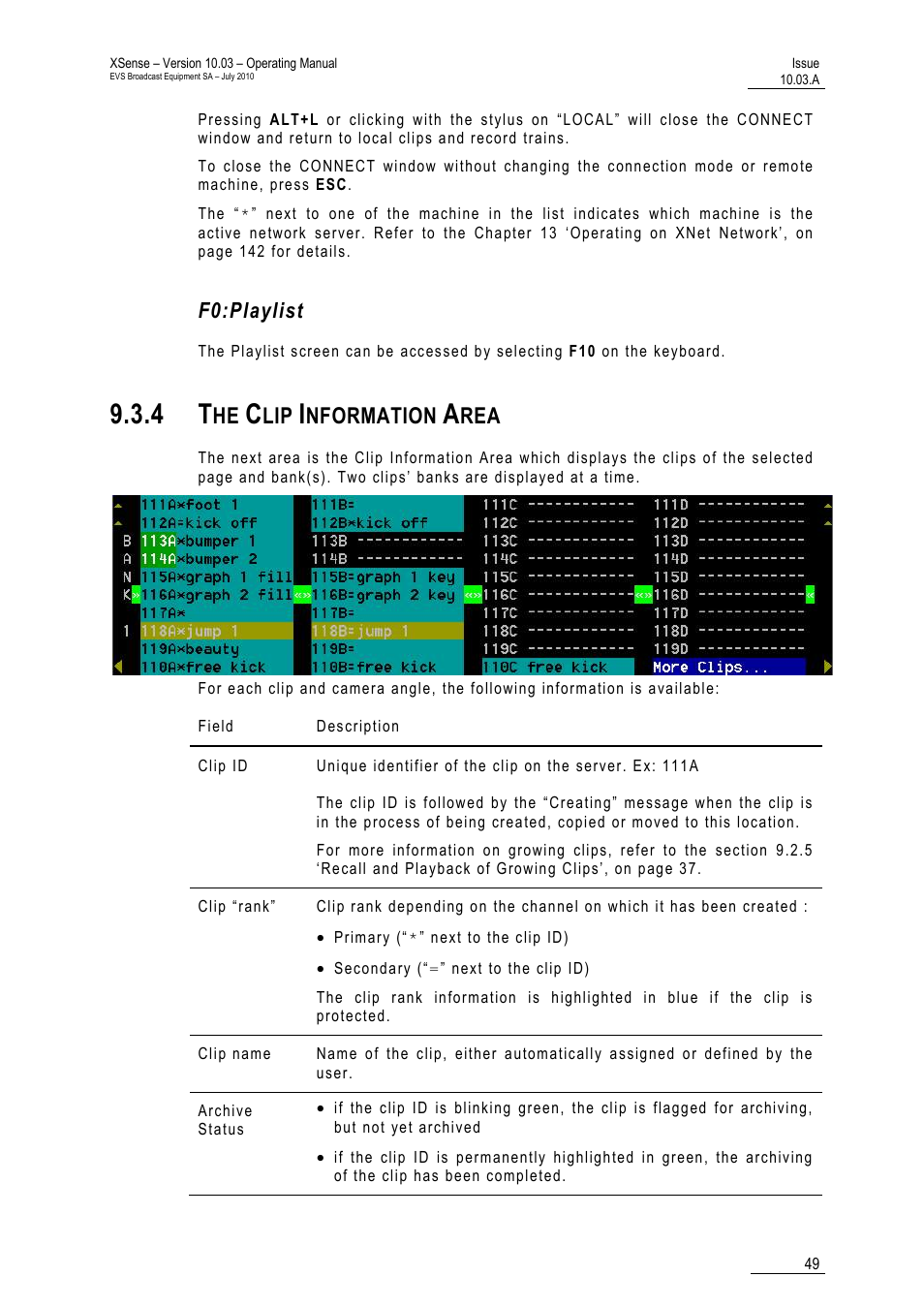 F0:playlist, 4 the clip information area, Nformation | EVS XSense Version 10.03 - July 2010 Operating Manual User Manual | Page 58 / 161